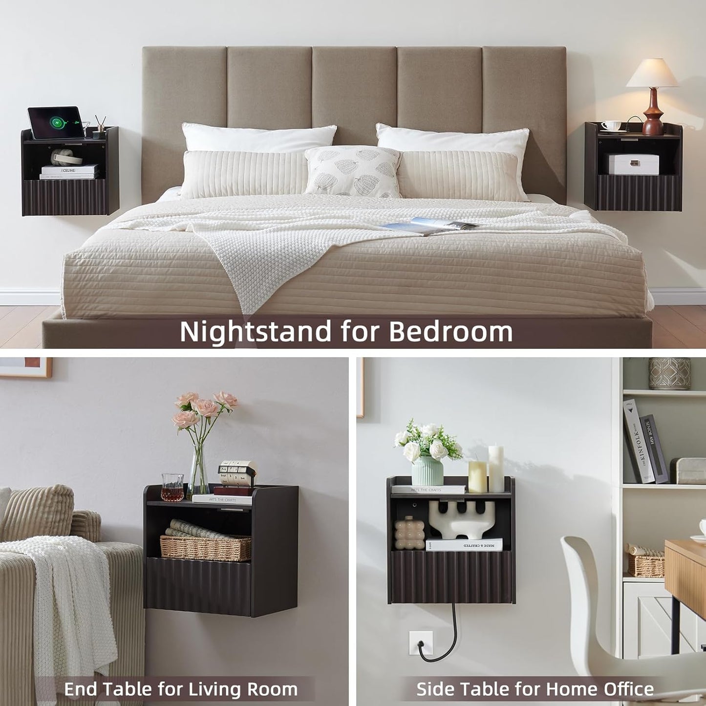 Modern Fluted Floating Nightstand Wall Mounted Set of 2- Bedside Table with Storage Drawer & Display Shelf, Minimalist Bedroom Furniture for Studio Apartments(Espresso)