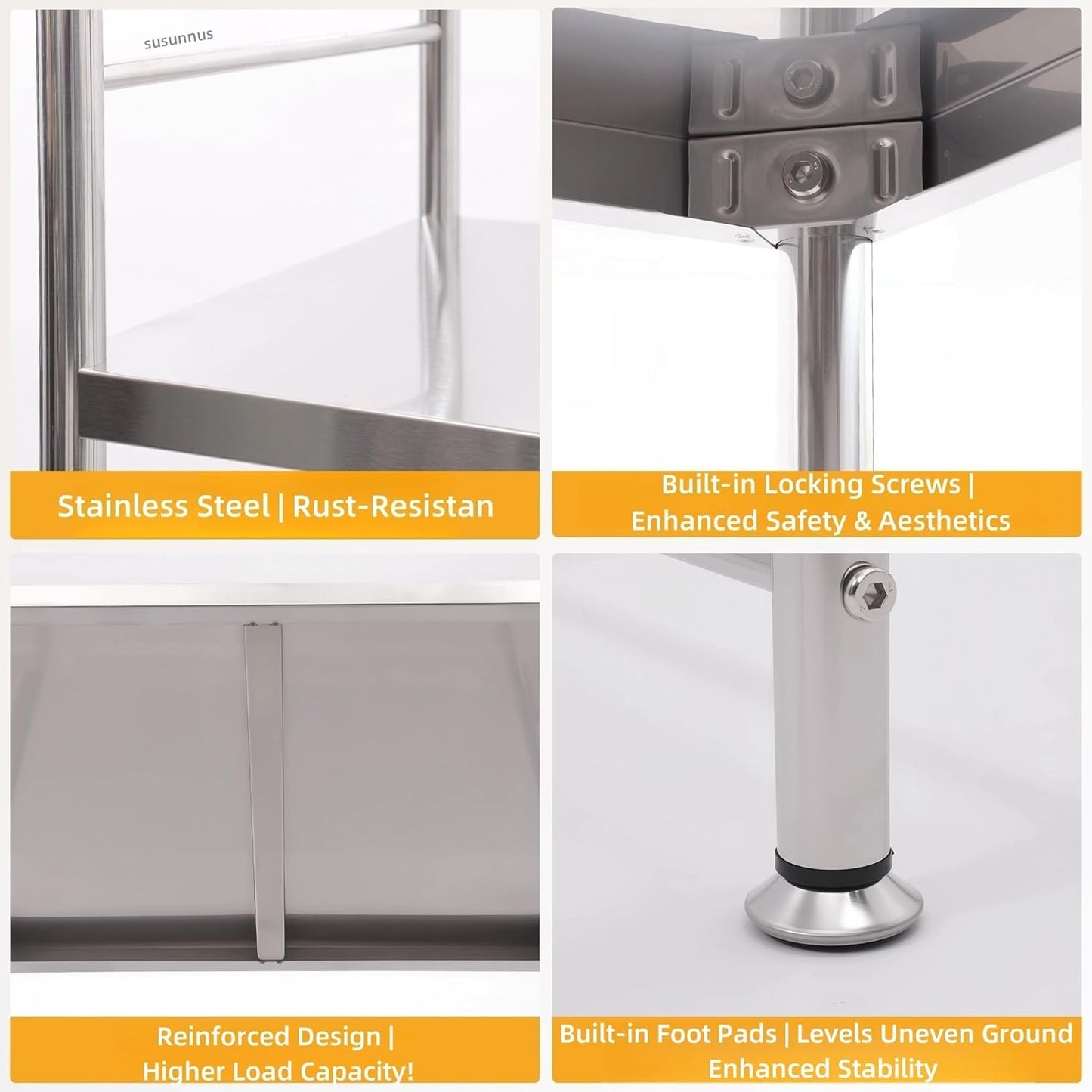 susunnus Stainless Steel Shelf,Kitchen Storage Shelves,Microwave Shelf,Mini Fridge Shelves,Adjustable Layers,Open Lower Tier,Laundry Room, Repository (2tier(23.6x15.7x53.1in))