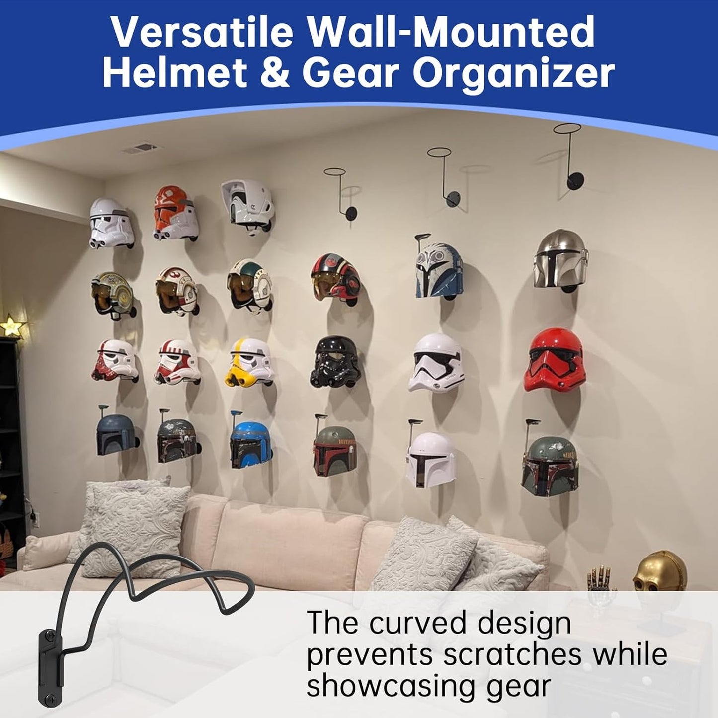 2-Pack Wall-Mounted Multi-Purpose Helmet Storage Display Rack - Durable Metal Hanger Hook for Equestrian, Motorcycle, Baseball, Hockey, Rugby & Electronic Helmets | Heavy-Duty Construction with Screws
