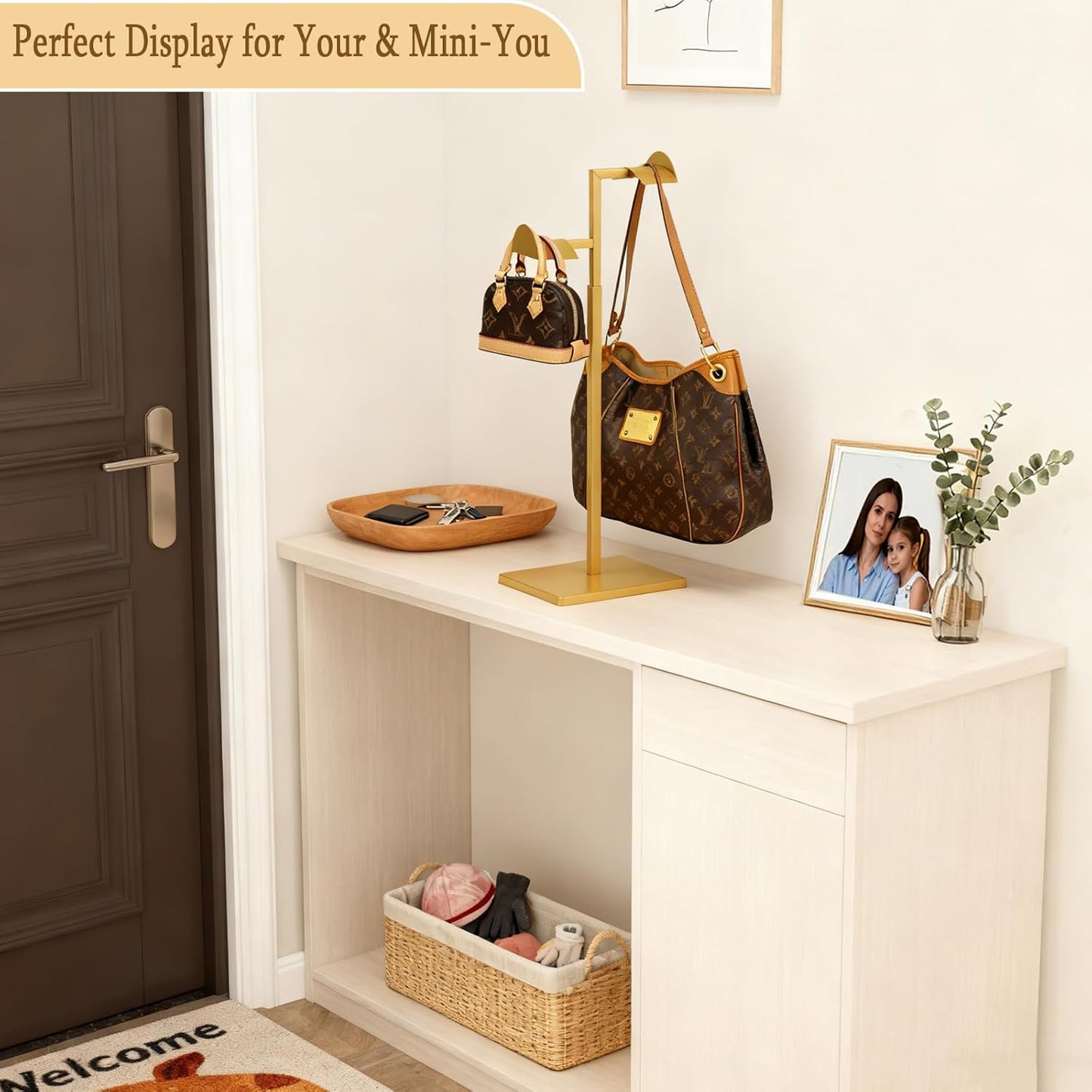2 Pack Purse Holder for Closet, Dual Hook Purse Stands for Display, Stainless Steel Bag Hanger, Adjustable Height Purse Rack Stand, Handbag Display Stand, Bag Hanger for Vendors Table Boutiques (Gold)