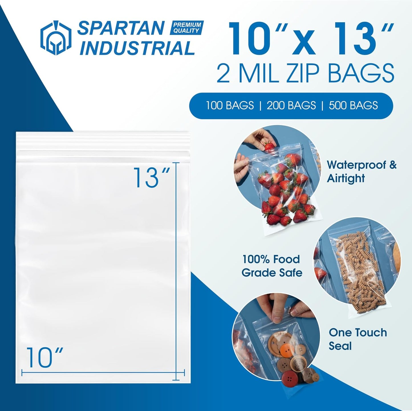 Spartan Industrial - 10” X 13” (500 Count) 2 Mil Clear Reclosable Zip Plastic Poly Bags with Resealable Lock Seal Zipper