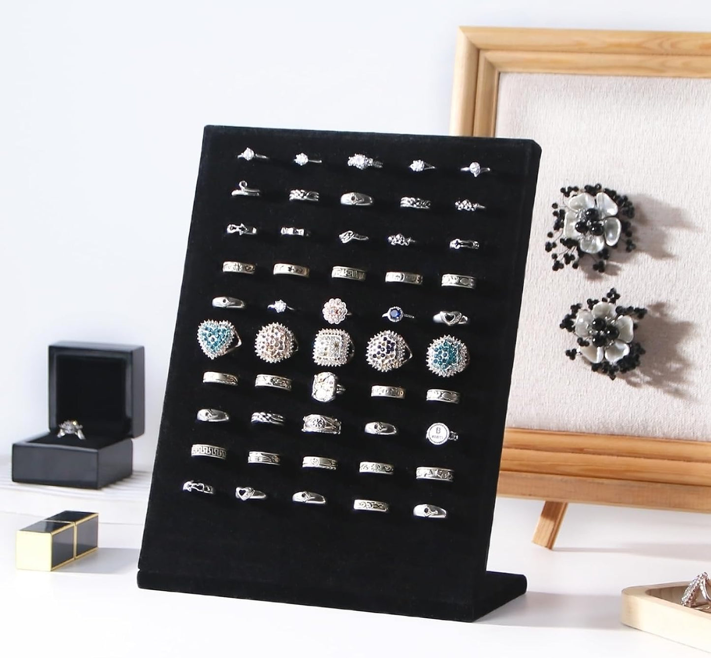 50 Slots Rings Display Stand, Ring Organizer Holder Stand for Selling, Ring Earring Jewelry Pad Showcase Storage Tray for Home or Shop Sell Show (Black 1PC)