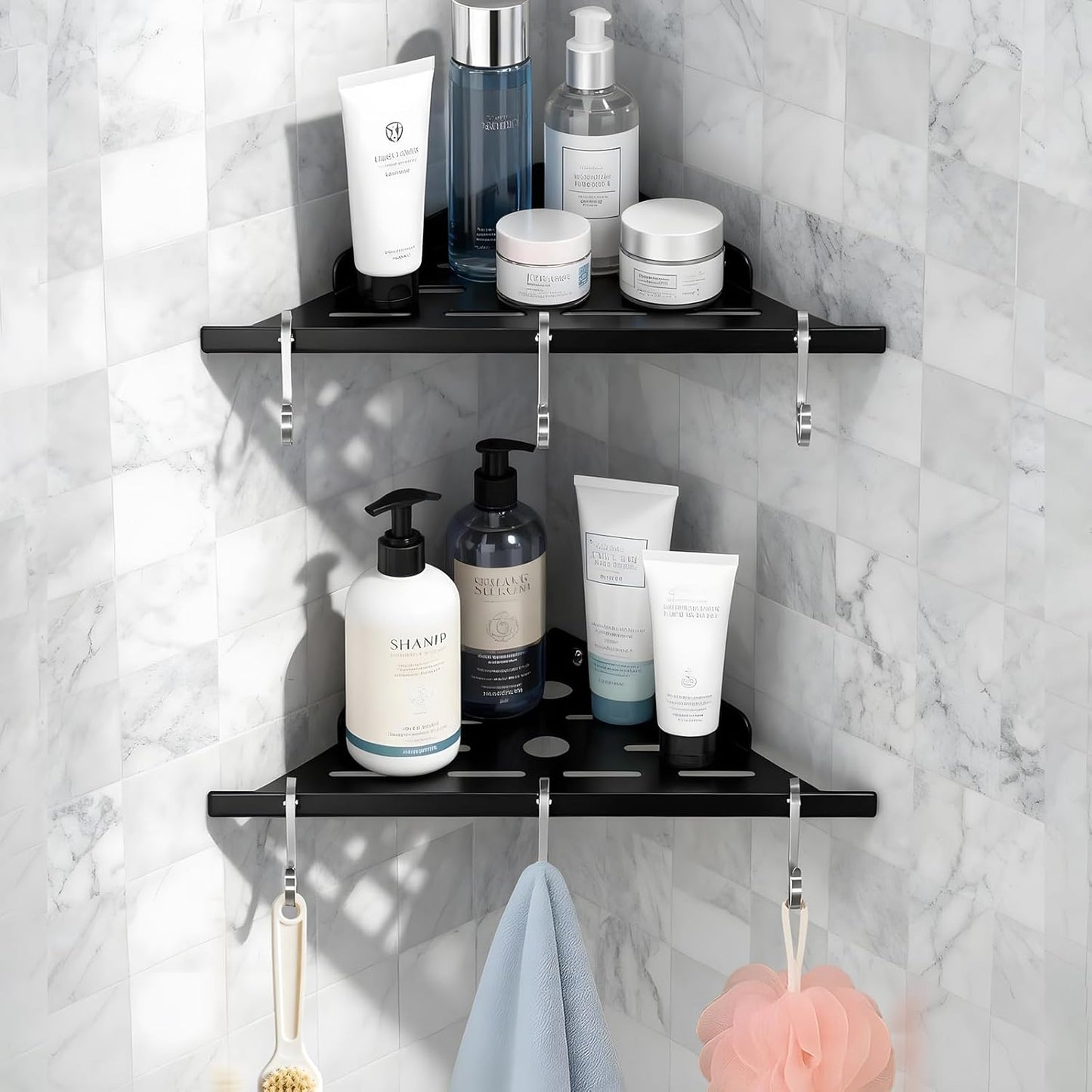Shower Corner Shelf 304 Stainless Steel Shower Caddy 2 Tier Shower Organizer Niche Extra 6 Hangers Shelves 40 lbs Large Capacity Bathroom Storage for Inside Anti-Rust Drilling Installation(Black)