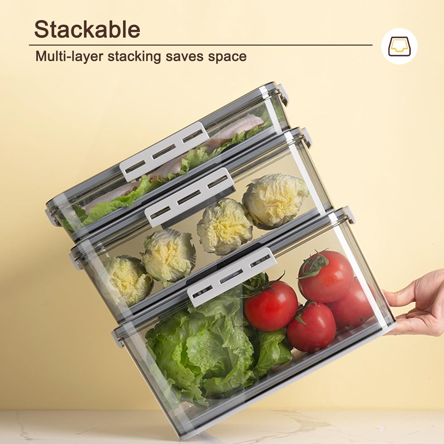 CottonColors Fridge Organizer, Food Storage Containers With Lids for Timer & Drain Board Stackable Refrigerator Organizers and Storage（Tall, Large, 4.5 L）