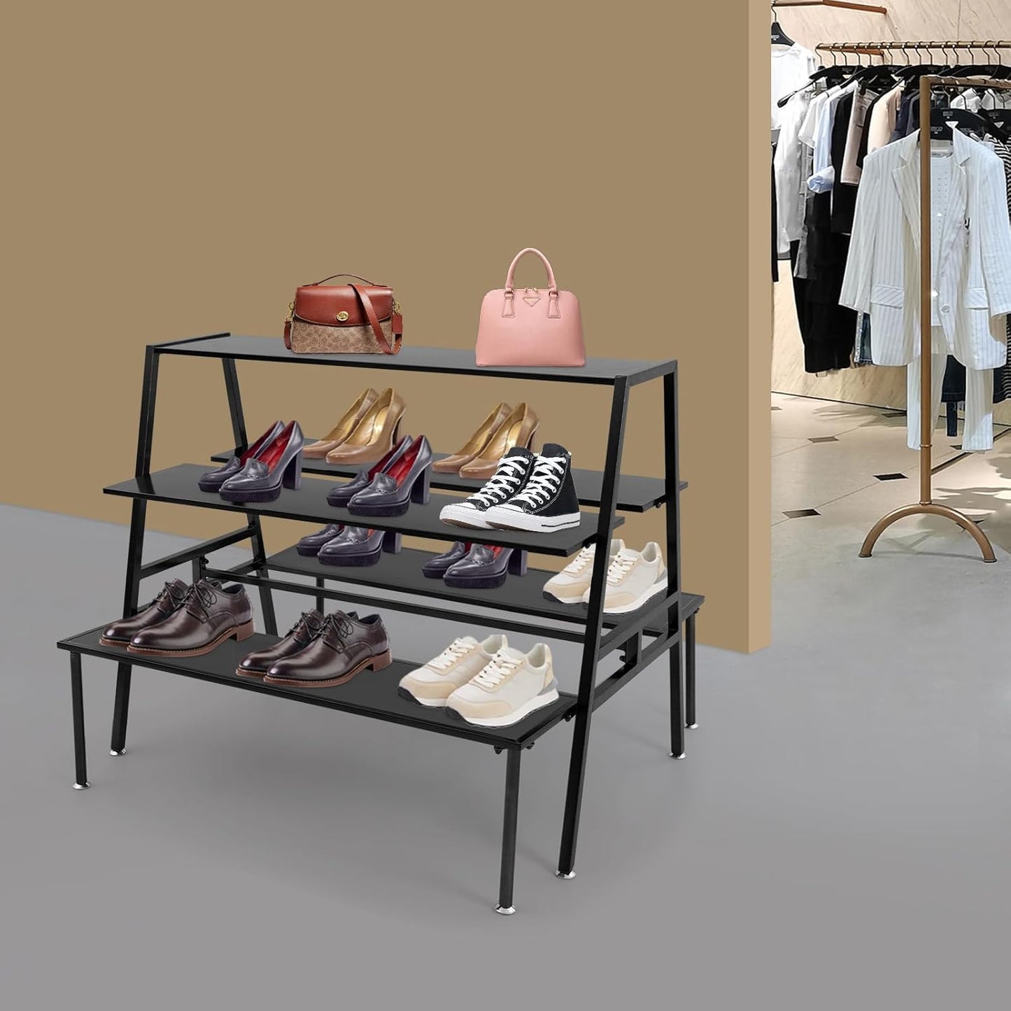 Nesting Tables for Retail Display, 3 Tier Metal Shoe Handbag Display Stand, Modern Retail Display Tables for Boutiques, Floor Standing Double Side Display Riser Shelf for Clothing Stores (Black)