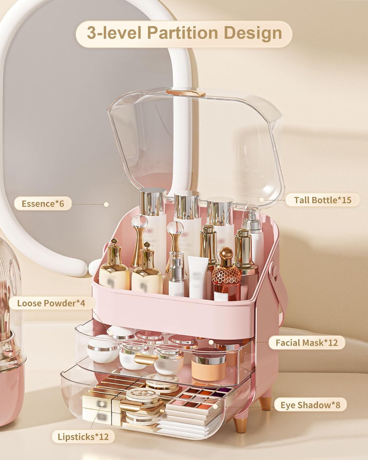 Makeup Organizer Countertop, Skincare Holder Bathroom Counter Organizer, Storage Box Cosmetic Display Cases, Teen Girl Gifts Make up Organizers for Vanity, Dresser (Pink)