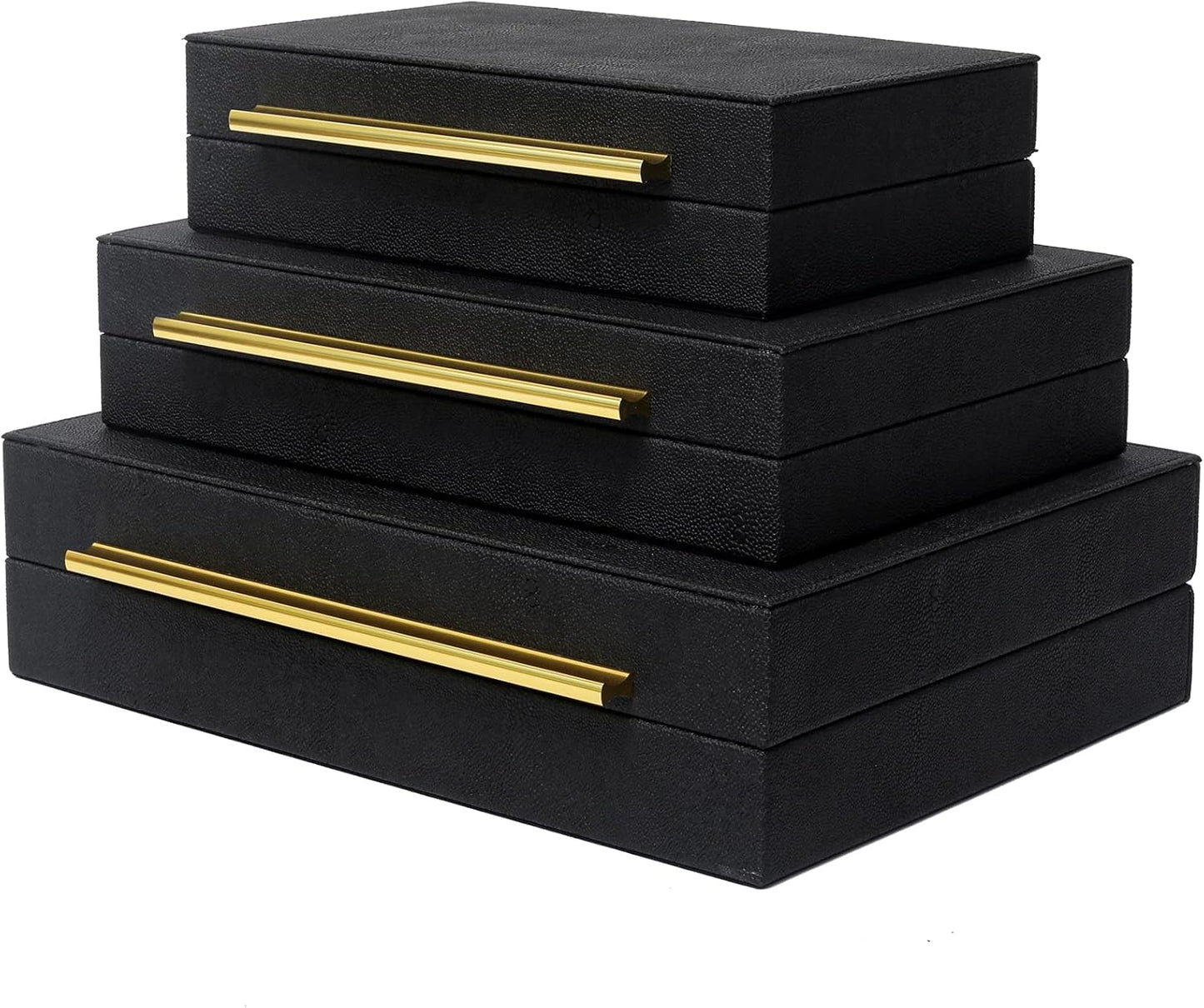 Faux Shagreen Leather Jewelry Storage Boxes Set of 3 with Gold Handles, Velvet Lined Stackable Organizer for Women, Vanity, Dresser, Gift, Black
