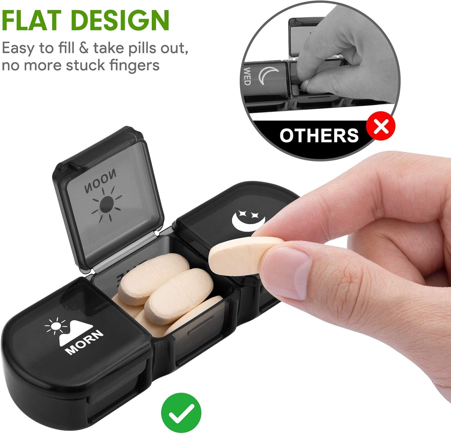 Pill Organizer 3 Times a Day, Fullicon Large Weekly Pill Case 7 Day, Daily Pill Box with 21 Compartments, Pill Dispenser Supplement Holder for Pills/Vitamin/Fish Oil - Black
