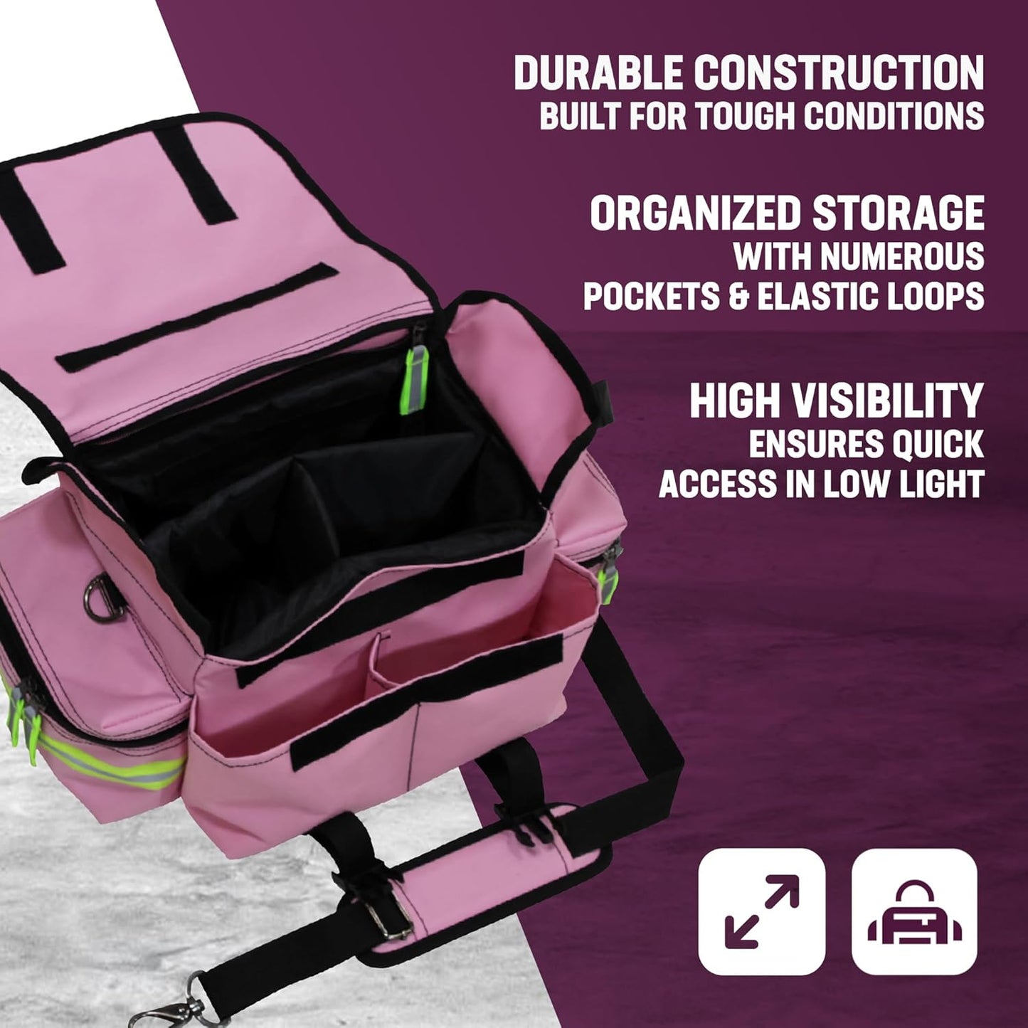 Kemp USA EMT First Responders Trauma Bag - First Aid Kit & Survival Gear with High Visibility Reflectors for Rapid First Aid & Medical Response Survival Tools Organizer - Pink