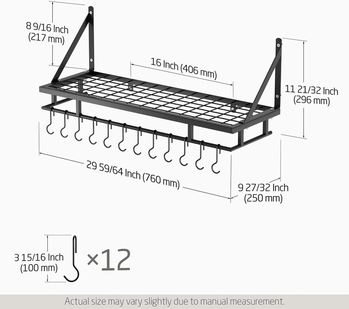 KES 30-Inch Kitchen Pan Pot Rack Wall Mounted Hanging Storage Organizer Wall Shelf with Hooks Matte Black, KUR215S75A-BK
