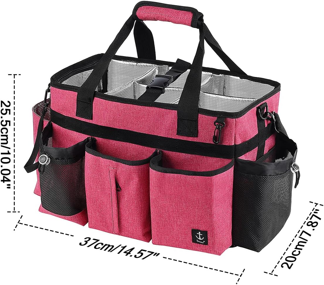 Large Cleaning Caddy Bags Pink with Sturdy Support Board, Cleaning Organizer with Detachable Dividers, Cleaning Supply Tote with Adjustable Shoulder Strap & Waist Belt for Cleaners Housekeepers