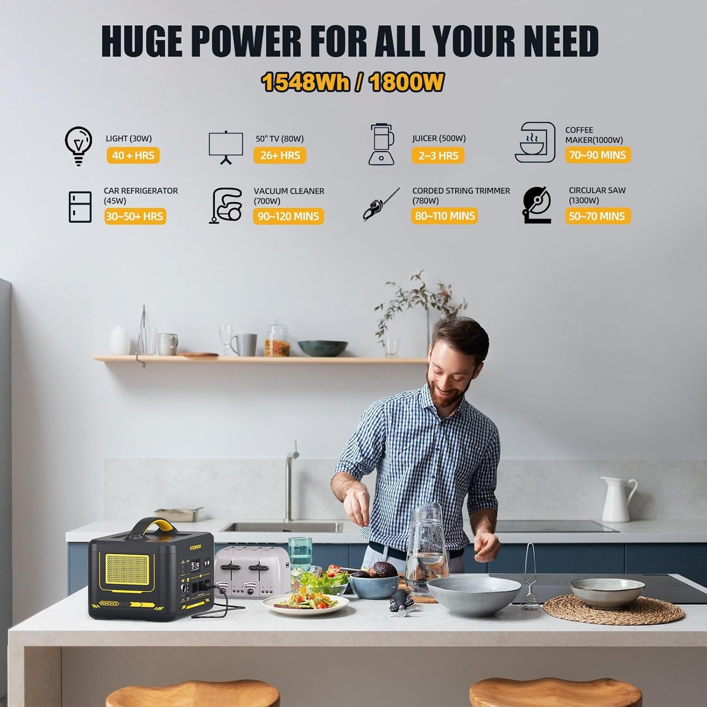 VTOMAN Jump 1800 Portable Power Station with Jump Start, 1548Wh LiFePO4 Solar Generator 1800W (Peak 3600W) AC Outlets, Regulated 12V DC, PD 100W Type-C for Home Backup RV/Van Travel Camping Road Trip