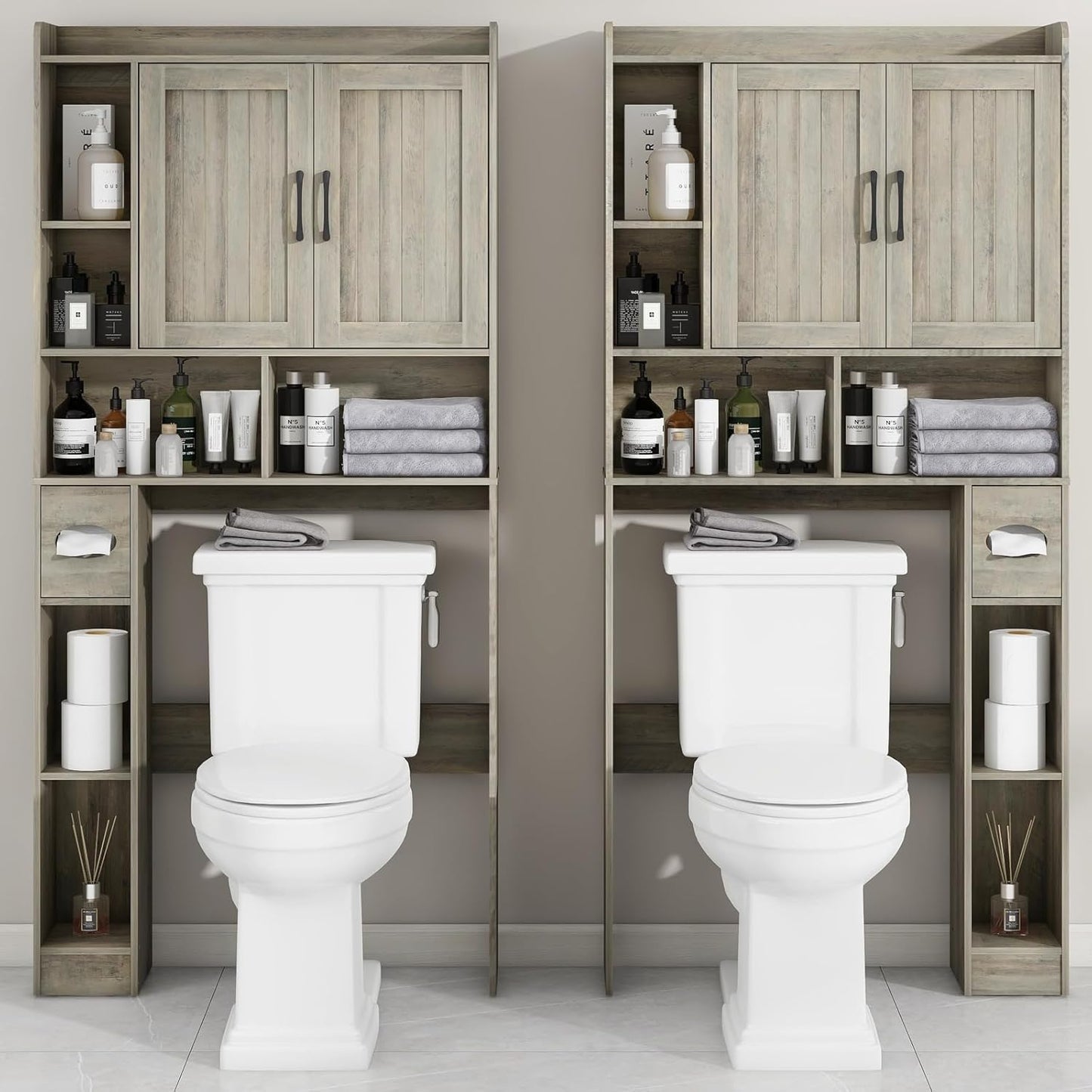 Farmhouse Storage Cabinet Over Toilet with 2 Barn Doors & Toilet Paper Holder Stand, Space-Saving Bathroom Rack