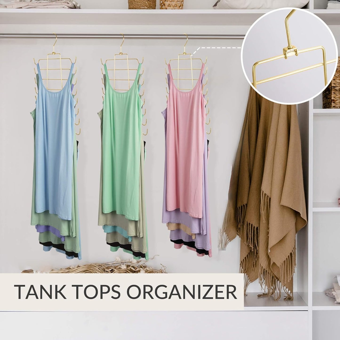 ZEDODIER Tank Top Hanger Space Saving, Bra Hangers for Closet Organizer, Hanging Bra Organizer Tank Tops Holder with 8 Hooks, Metal Closet Organizers and Storage Small Space Solutions, Gold