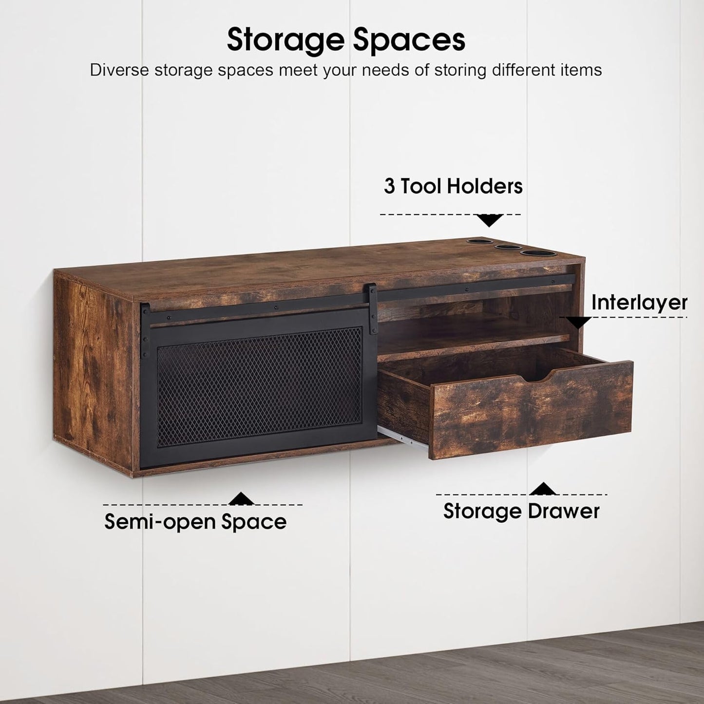 BarberPub Wall Mount Station with 3 Metal Tool Holders, Multi-Functional Storage Cabinet, Styling Station with Sliding Door, Open Storage Beauty Salon Organizer 2503 (Rust Brown)