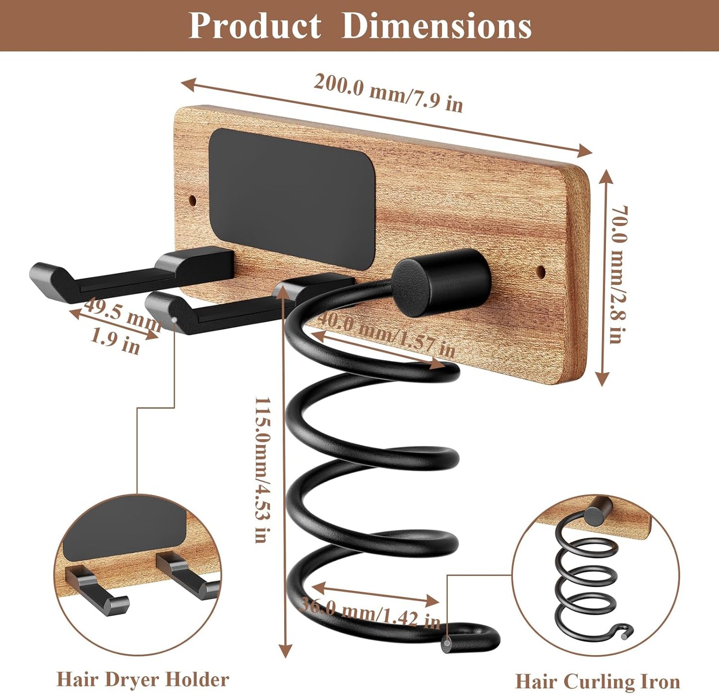Tindbea Hair Dryer Holder Curling Iron Holder, Blow Dryer Holder Wall Mount, Bathroom Hair Tool Organizer Rack for Universal Dryer, Sapele Wood Matte Black