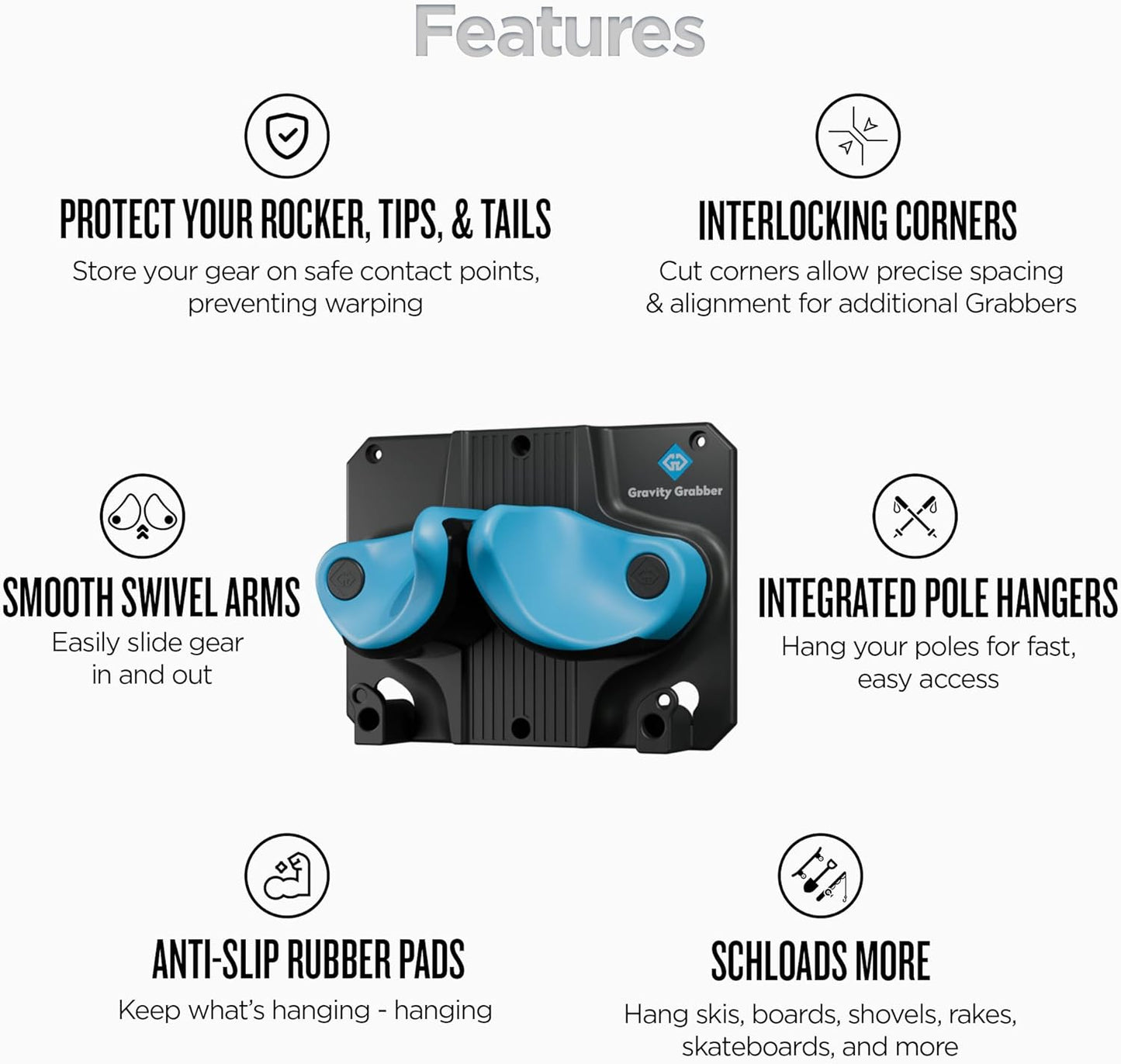 Gravity Grabber - Ultimate Ski & Snowboard Wall Rack | Secure, Non-Slip Storage | Fits Any Ski/Board | Garage Organization | Ski Storage Rack | Snowboard Storage Rack | Winter Gear Organizer | 6 Pck