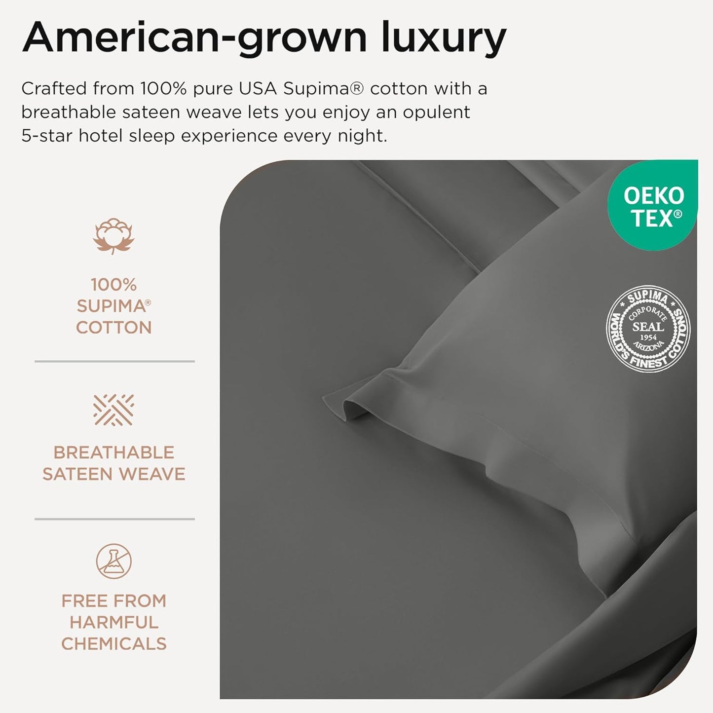 Threadmill Twin Sheet Set |656 Thread Count 100% Supima Cotton Sheets for Twin Mattress | Solid Sateen Twin Bed Sheets Set with 16” Deep Pocket | Soft Breathable 3-Piece Cooling Sheet Set | Dark Grey
