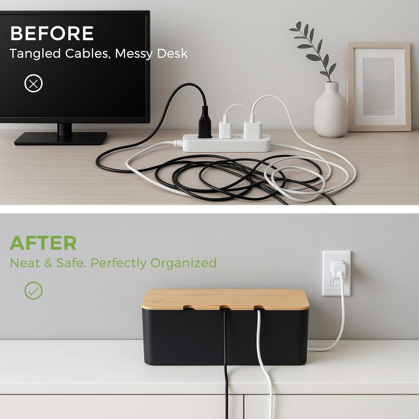 Cable Management Box, Cord Cable Organizer Box with Bamboo Lid, Under Desk Cable Management with 10 Cable Ties and 2 Cable Clip Holders for TV Router Computer USB Hub Black