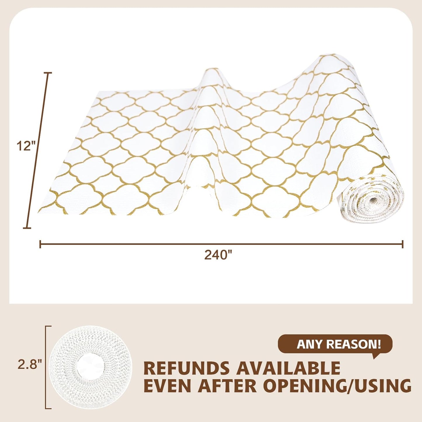Shelf Liners for Kitchen Cabinets 17in x 30FT Non Adhesive Drawer Liner Gold Quatrefoil Thickened Shelf Liner Paper Strong Non-Slip Easy to Clean for Tool Box Refrigerator with Knife and Tape Measure