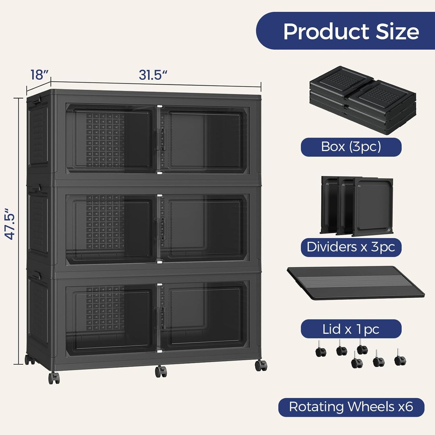 150GAL Extra Large Storage Bins with Lid, 600Qt Stackable Closet Organizers and Drawers, Collapsible Storage Bins with Wheels, Folding Containers for Home, Kitchen Office, 3Pack Black