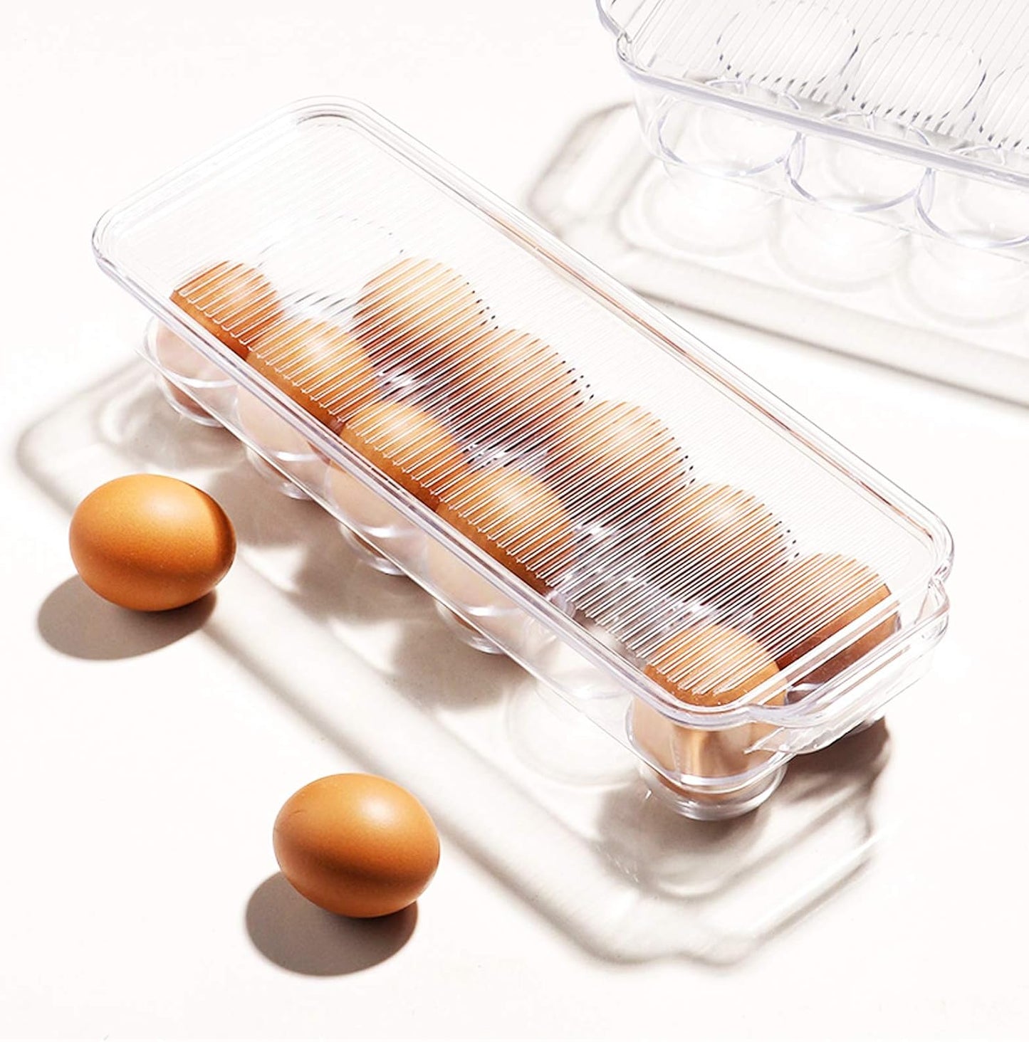JAMOR 12 Grid Egg Storage Box Refrigerator Egg Rack Tray With Lid, Stackable Egg Rack, Transparent Egg Storage Box, BPA-Free (B)