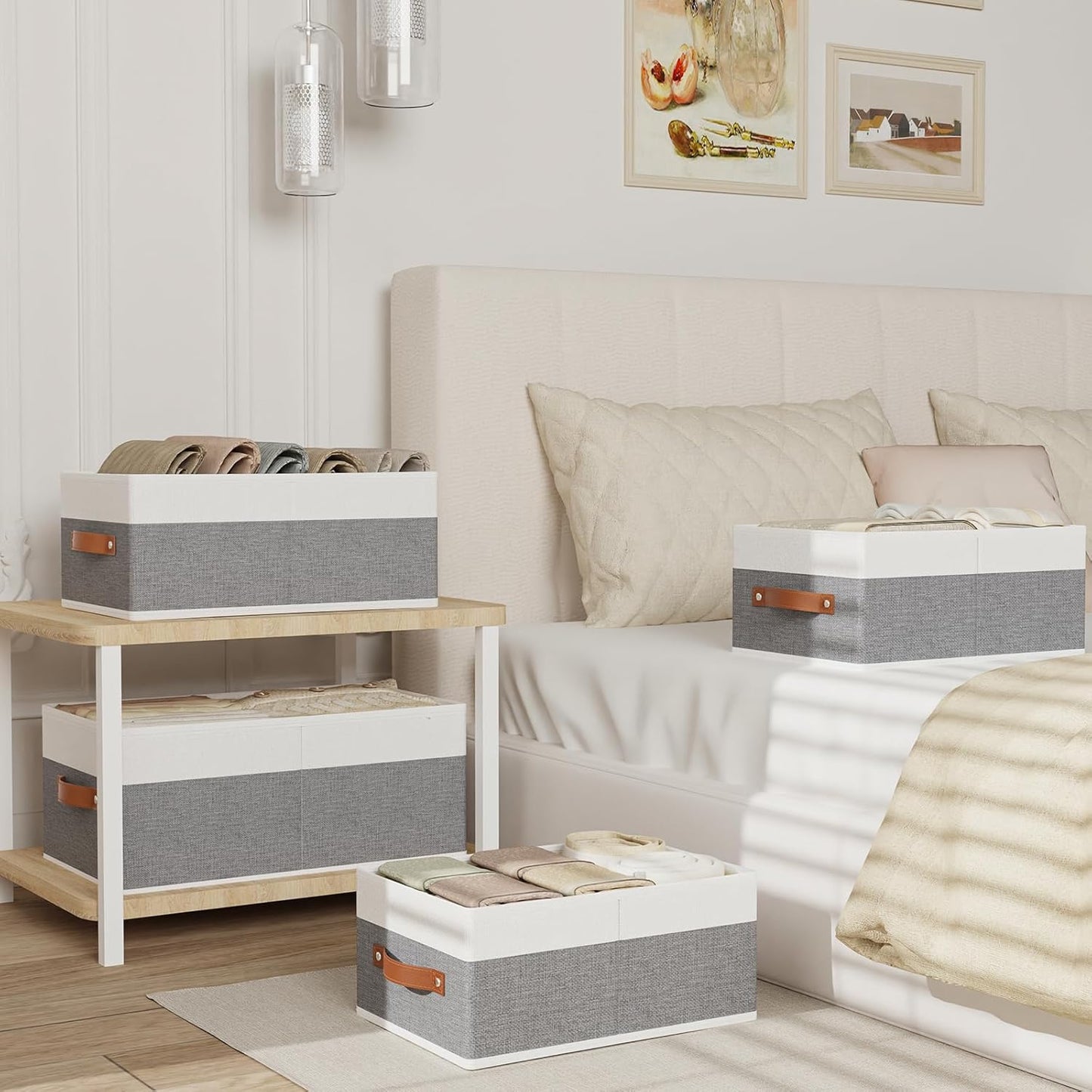 Fabric Clothing Storage Boxes, Storage Baskets with Handles, Cube Organizer Bins for Bedroom Laundry,13 × 9.1 × 5.5 Inch, White and Grey, 2-Pack
