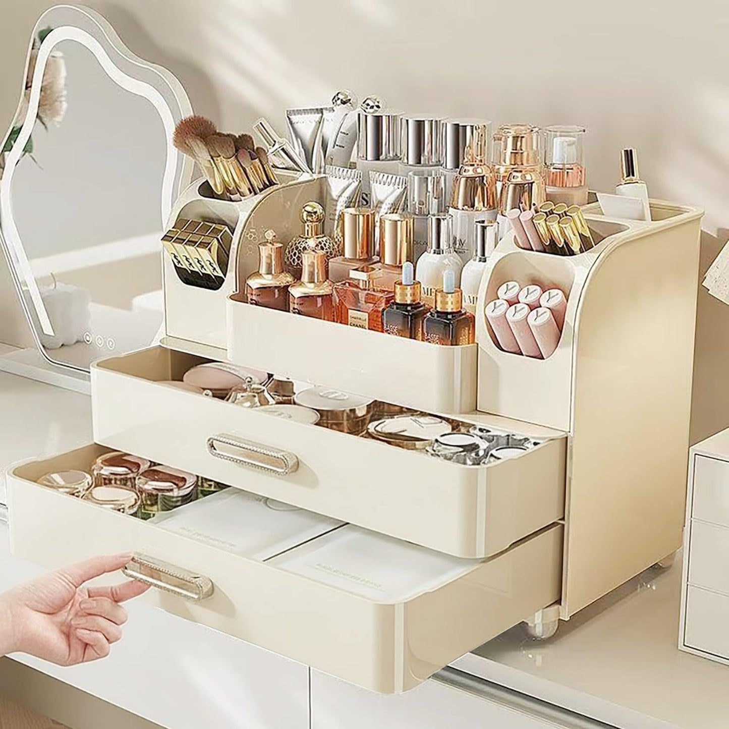 Makeup Organizer with Drawers for Vanity,Bathroom Countertop Organizer with Brushes Holder,Skincare Storage Organizer,Perfect Cosmetic Display Case for Your Beauty Essential (All Cream)