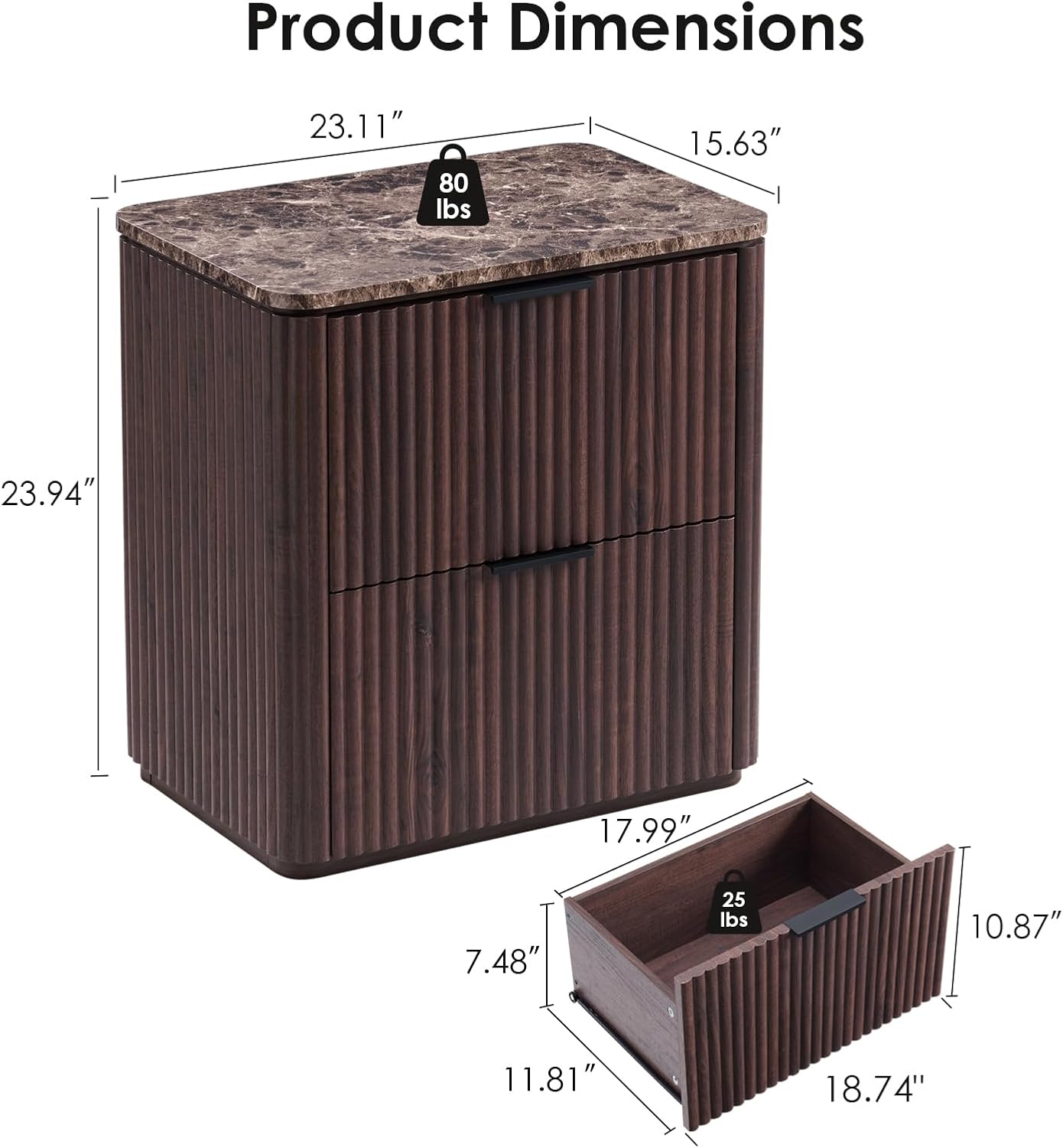 Fluted Nightstand with 2 Drawers, Bedside Table with Faux Marble-Top, Engineered Wood End Table with Curved Corners, Metal Handle, Modern Night Stand for Bedroom, Small Spaces, Dark Oak