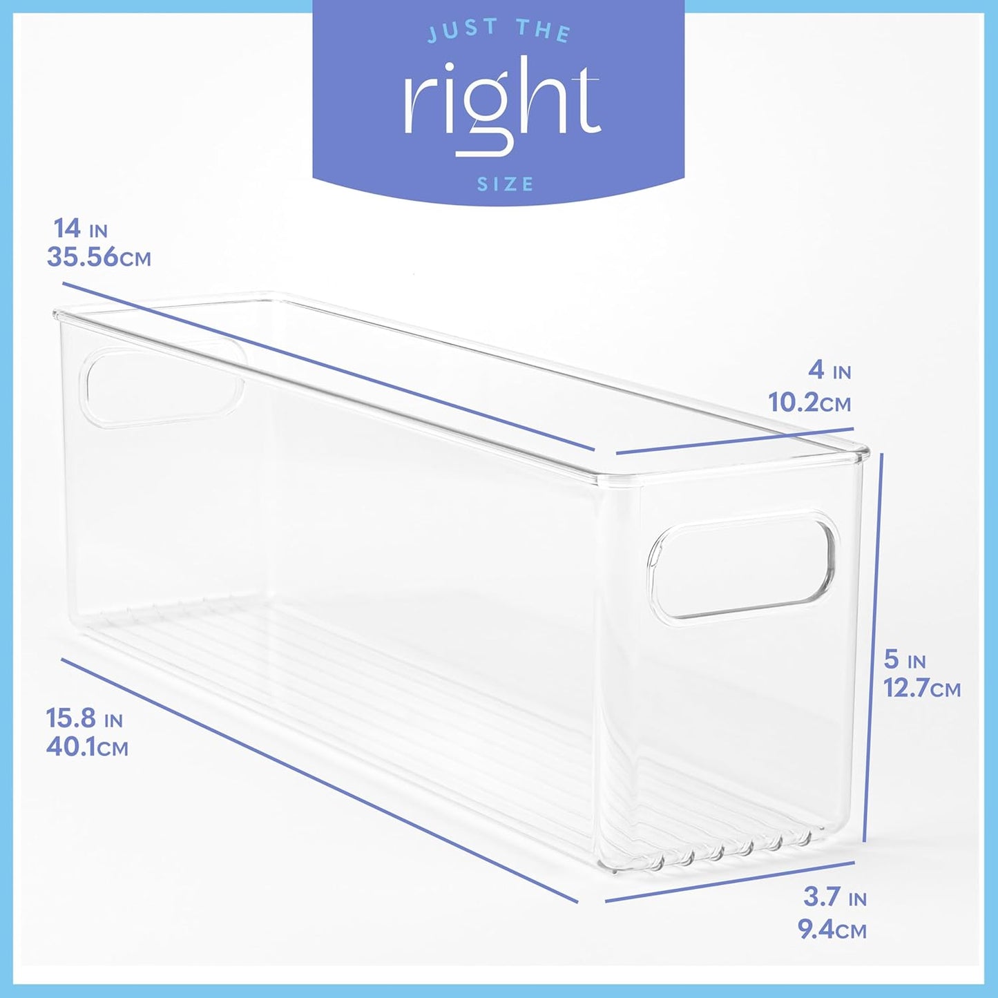 primebox Plastic Food Storage Clear Container Bin with Handles for Organizing Kitchen, Pantry, Refrigerator, Freezer, Pantry, Cabinet, Closet, Bathroom. 14”x4”x5”