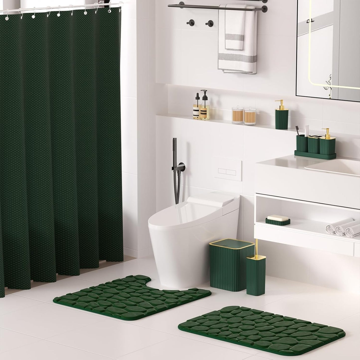 Bathroom Accessory Set - 25PC Green Bathroom Sets, Bathroom Set with Shower Curtain and Rugs, Dark Green Shower Curtain Set, Trash Can, Qtip Holder Dispenser & Soap Dispenser
