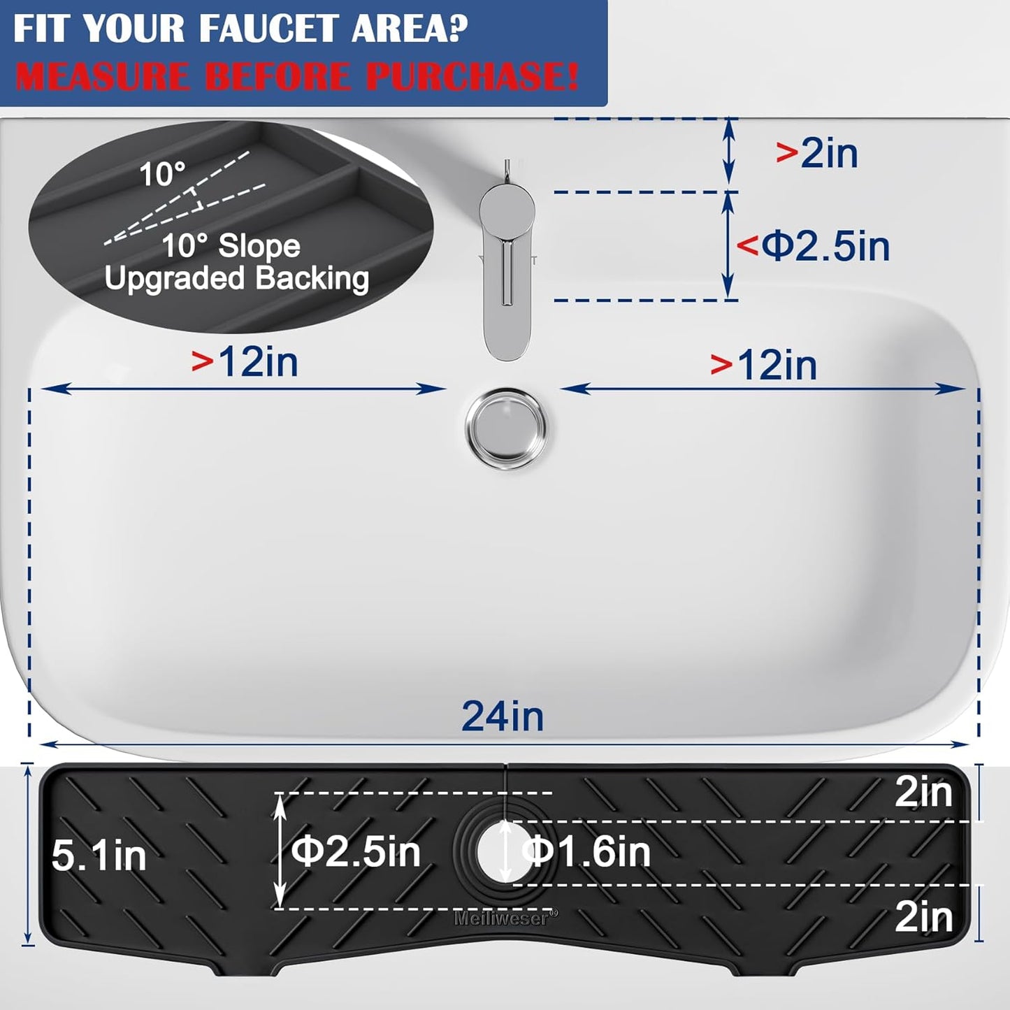 Meiliweser Faucet Mat for Kitchen Sink – 24” x 5.1” Extra-Long Silicone Splash Guard with 10° Slope & Upgraded Drainage – Gen 3 Sink Water Catcher & Sponge Holder for Kitchen, Bathroom (Black)