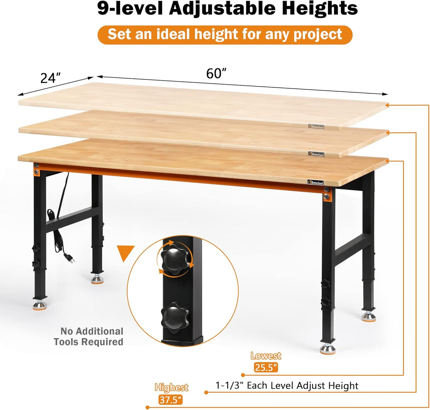 Betterhood Adjustable Height Workbench, 60" Rubber Wood Top Heavy Duty Workstation with Power Outlets, 2000 LBS Load Capacity Hardwood Worktable for Workshop, Garage, Office, Home, Commercial