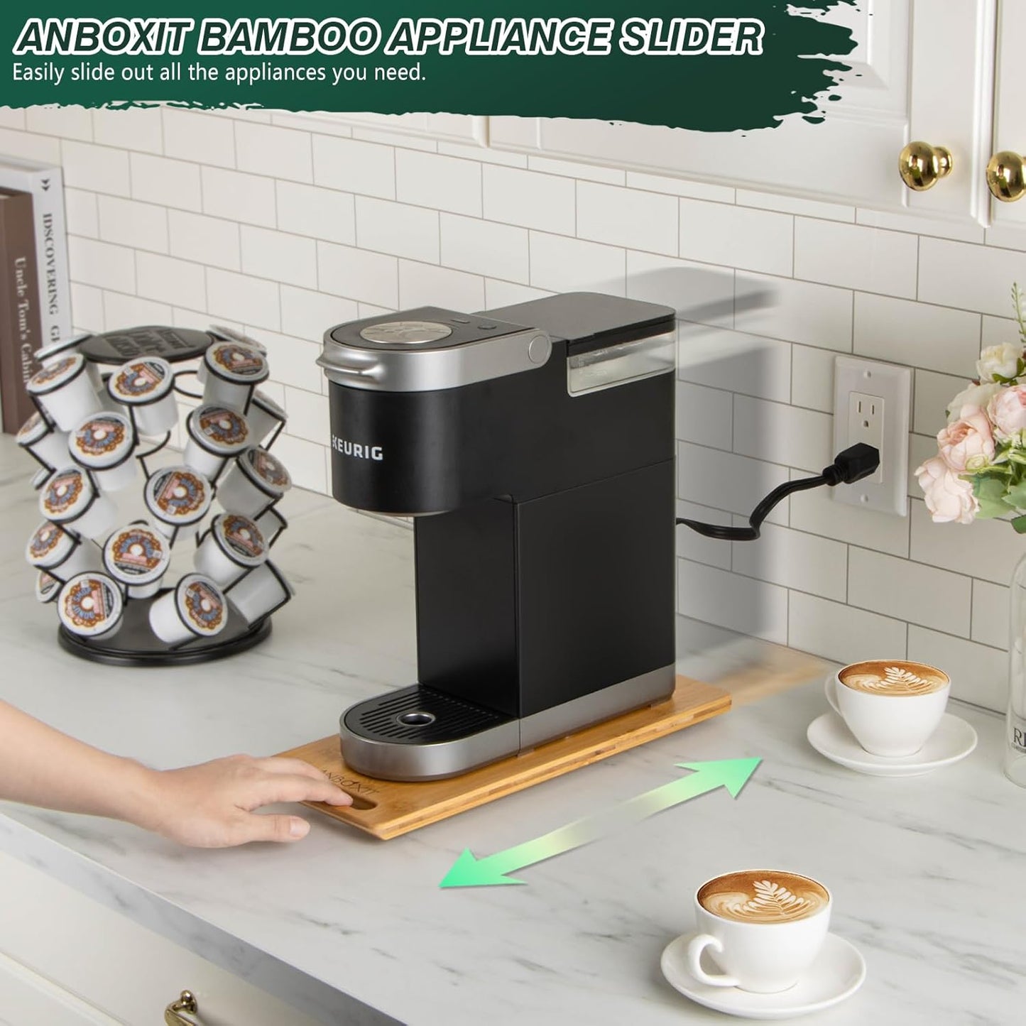 Bamboo Appliance Slider, Sliding Tray for Coffee Maker, Kitchen Countertop Appliance Rolling Tray, Coffee Pot Slider Tray with Rubber Wheels, Deep - Small (14"D x 6"W)