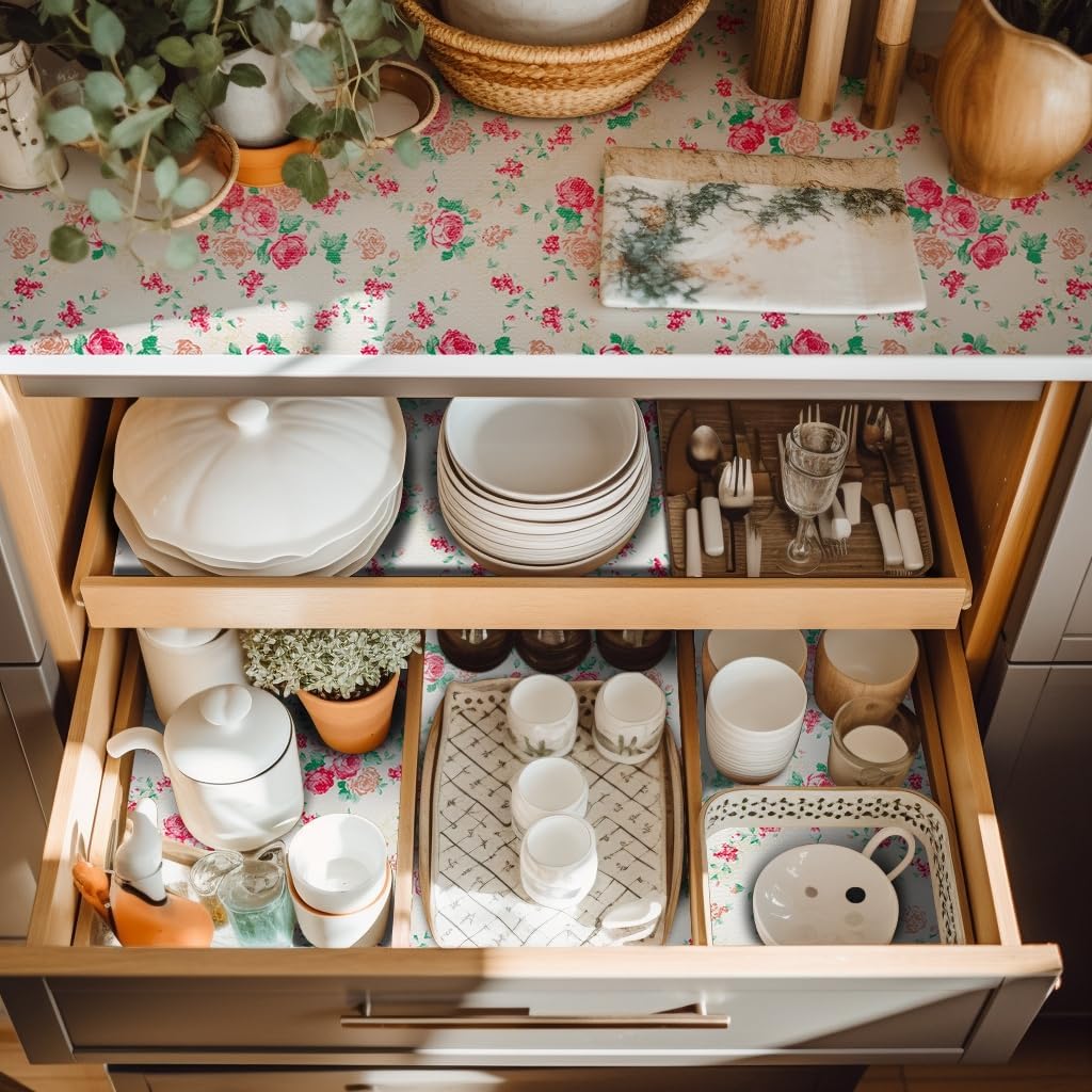 12" W x 60" L Floral Drawer and Shelf Liner for Cabinets, Non-Adhesive Strong Grip Non-Slip Flower Shelf Cabinet Kitchen Shelf Liners for Kitchen Cabinets