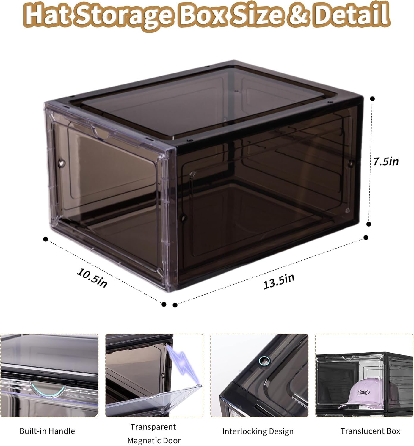 Attelite Upgrade Harder Solid Plastic Hat Organizer for Baseball Caps, 8 Pack Stackable Hat Storage Box with Clear Magnetic Door, Hat Rack(XL-Black)