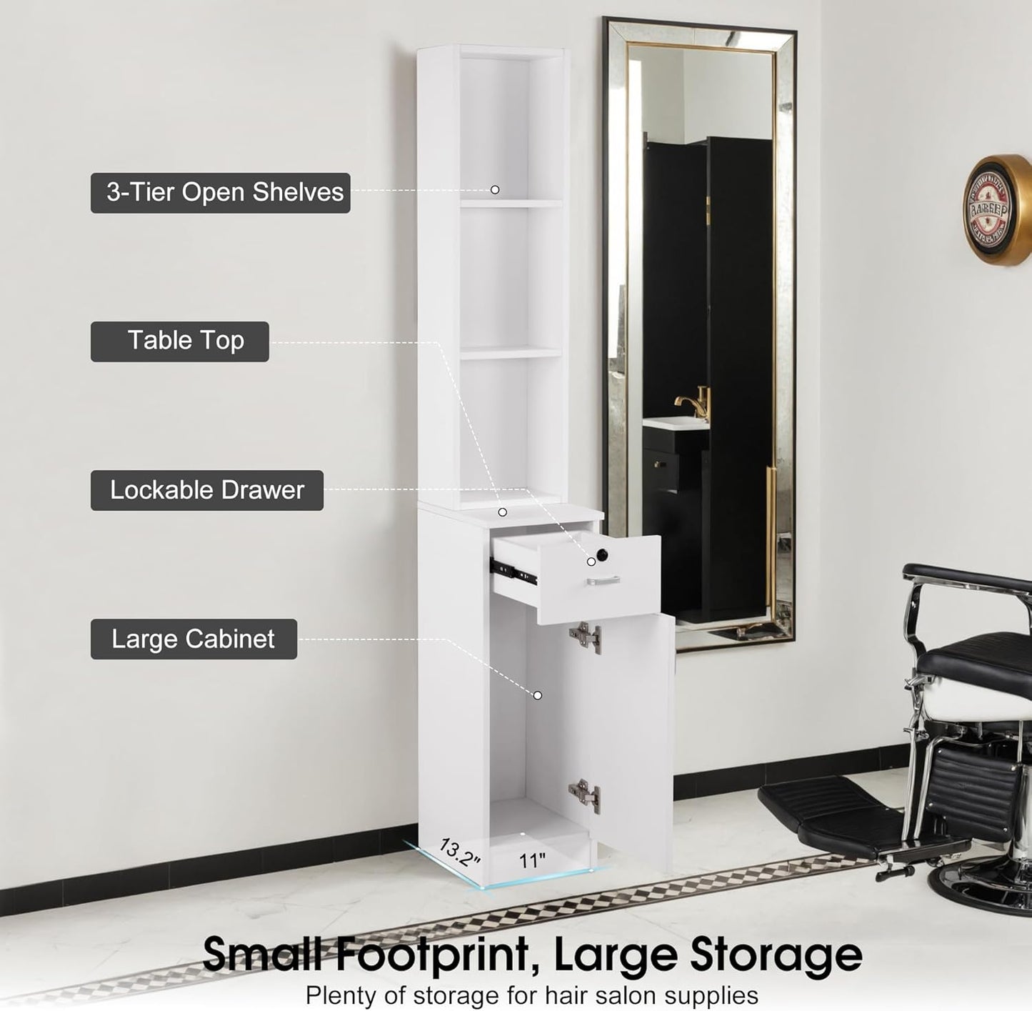 BarberPub Locking Wall Mount Hair Styling Barber Station Drawer Storage Beauty Salon Spa Equipment 3036-1 (White(Handle Left))