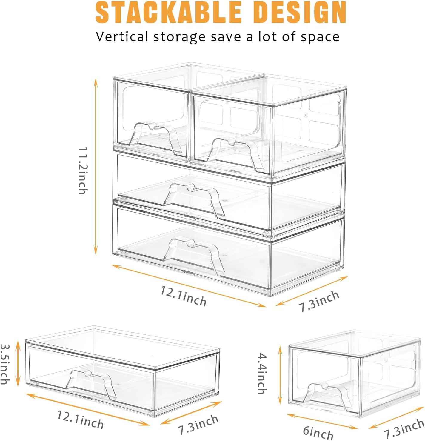 6 Pack Stackable Storage Drawers Clear Acrylic Organizer Makeup Bathroom Organizer and Storage Bins for Beauty Supplies,Ideal for Vanity, Bathroom,Pantry Organization