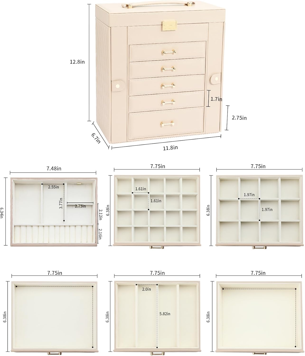 Large Jewelry Holder Organizer, 6 Layer Jewelry Box for Women Jewelry Storage Case With Handle, Gift for Christmas New Year, Apricot