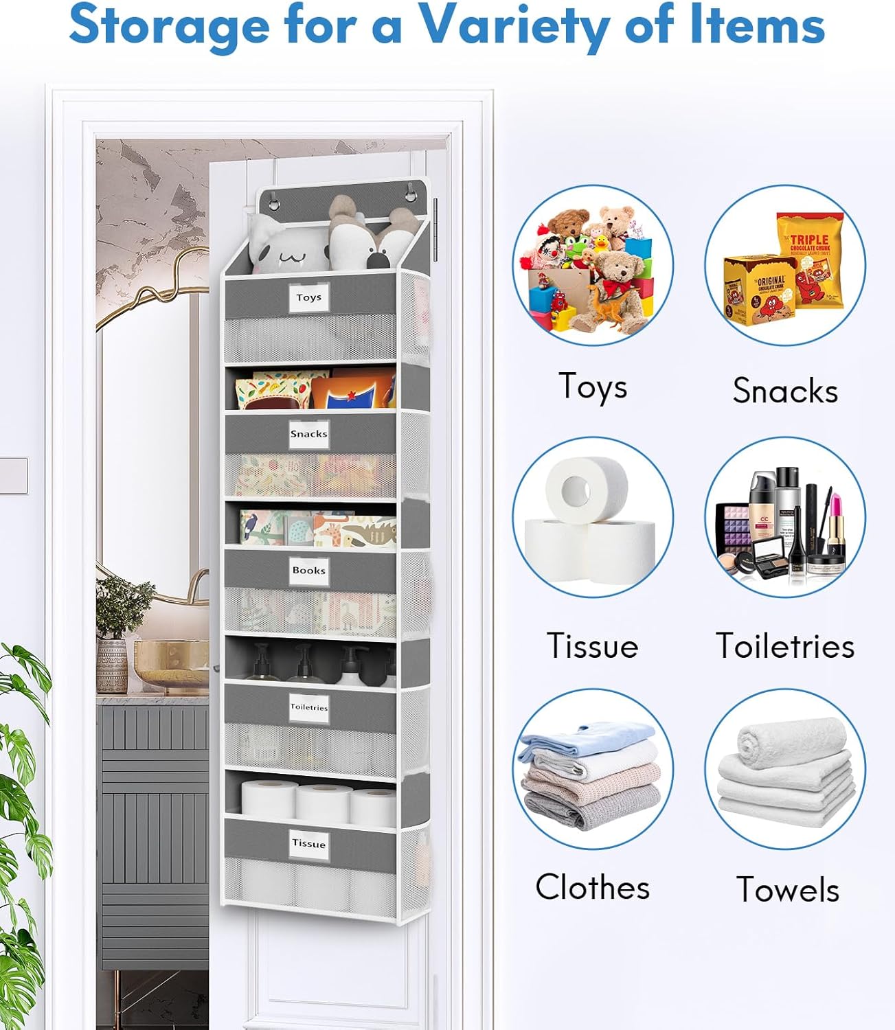 Over The Door Organizer Hanging, 2 Pack 5 Shelf Behind The Doors Storage, Pantry Door Organizer, Closet Organizers for Bedroom and Nursery (Dark Grey)