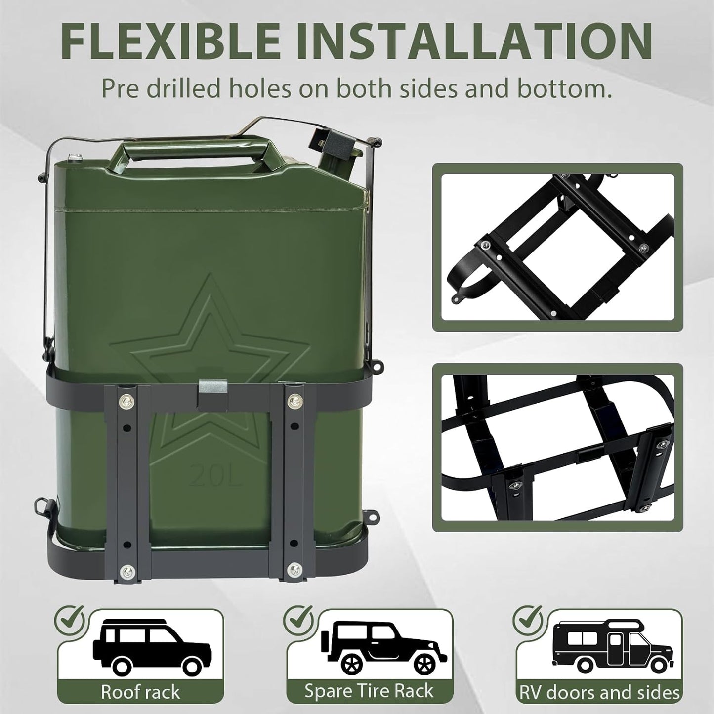 JUST-V Jerry Gas Can Holder 5 Gallon Water Storage Containers Holder Mount Only Holder Rack, Metal Fuel & Gasolina Container, Detachable Carrier Mount Gas Can not Included