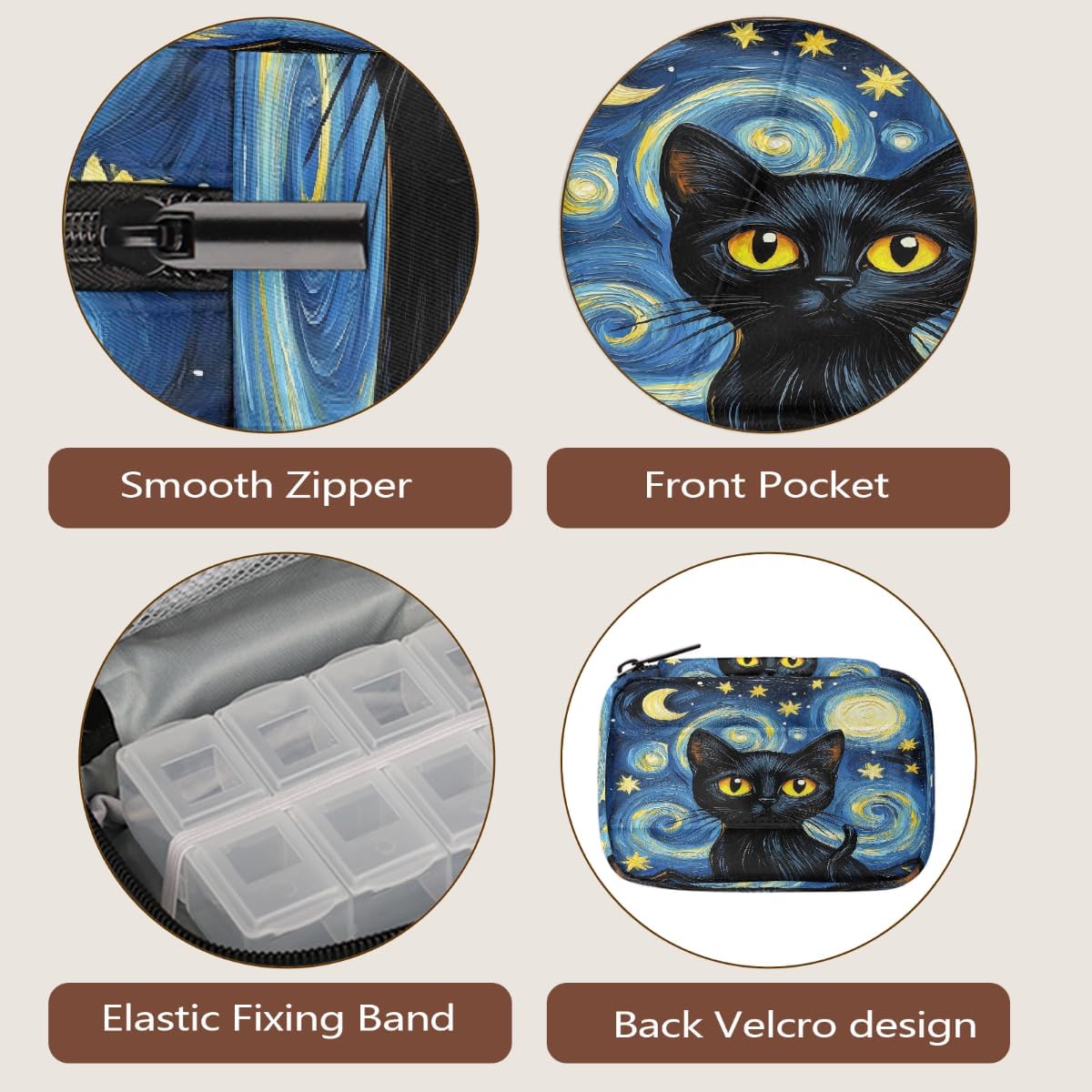 Black Cat Starry Night Pill Organizer Travel Medicine Case with Zipper Daily Vitamin Storage Bag Portable 8 Slot Weekly Pill Box Supplement Holder for Home Office Gym Travel