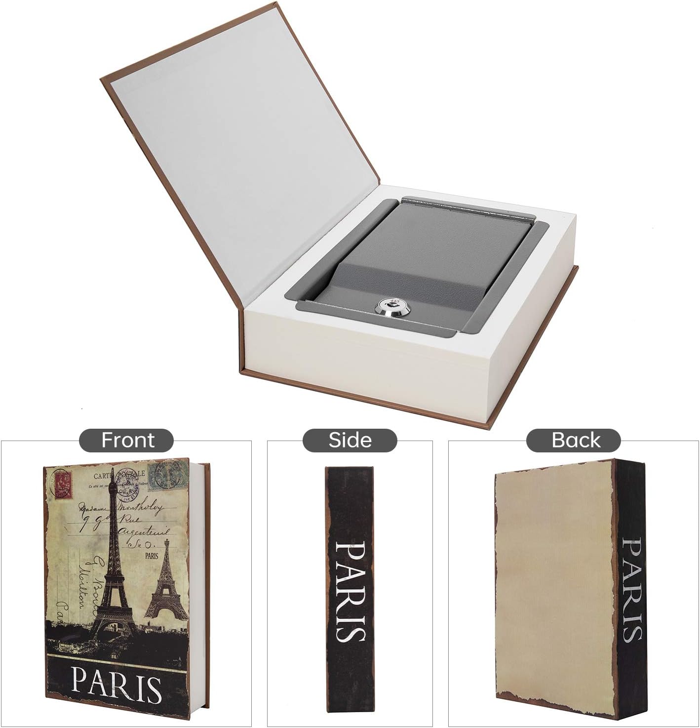 Real Paper Transfer Book Safe, Hollow with Secret Hidden Compartment, Key Lock, 8.7"×6"×2" (Paris-Key)