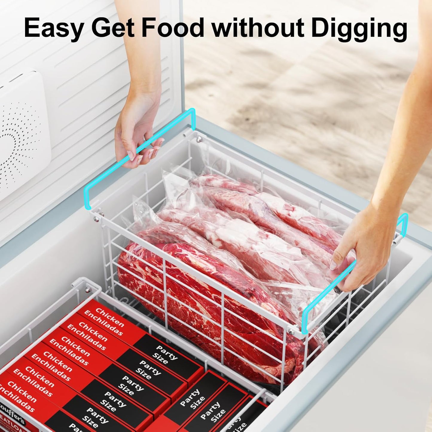 iSPECLE Deep Freezer Organizer Bins - 3 Pack Large Freezer Organizer Bins for 5 to 7 Cu.Ft Chest Freezer, Stackable Easy Access Food No More Digging, Sturdy Metal Wire Basket Not Scratch Bottom, White