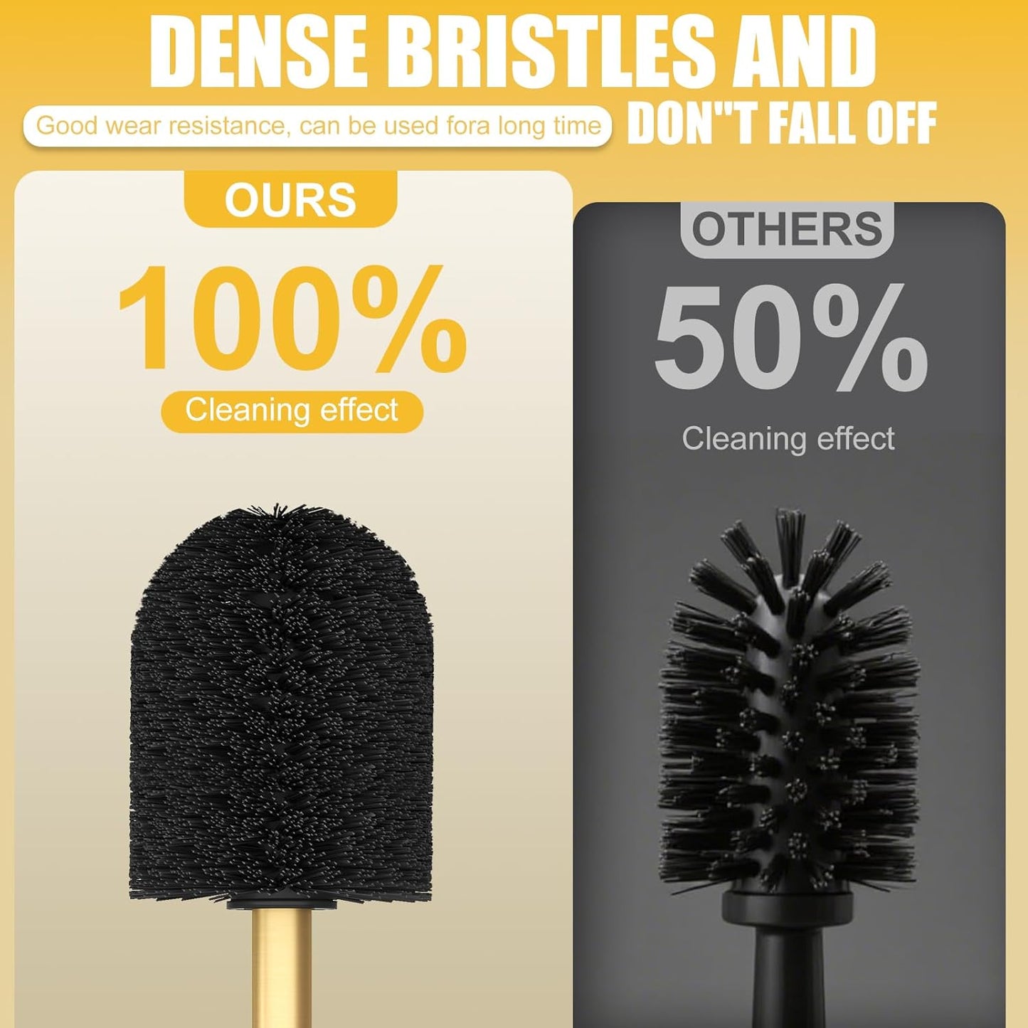 BESy Toilet Brush and Holder, Toilet Cleaner Bowl Set with Two Brush with Extra Long Handle, Durable Bristles Toilet Scrubber and Covered Holder, Drip-Proof Stainless Steel Brushed Gold