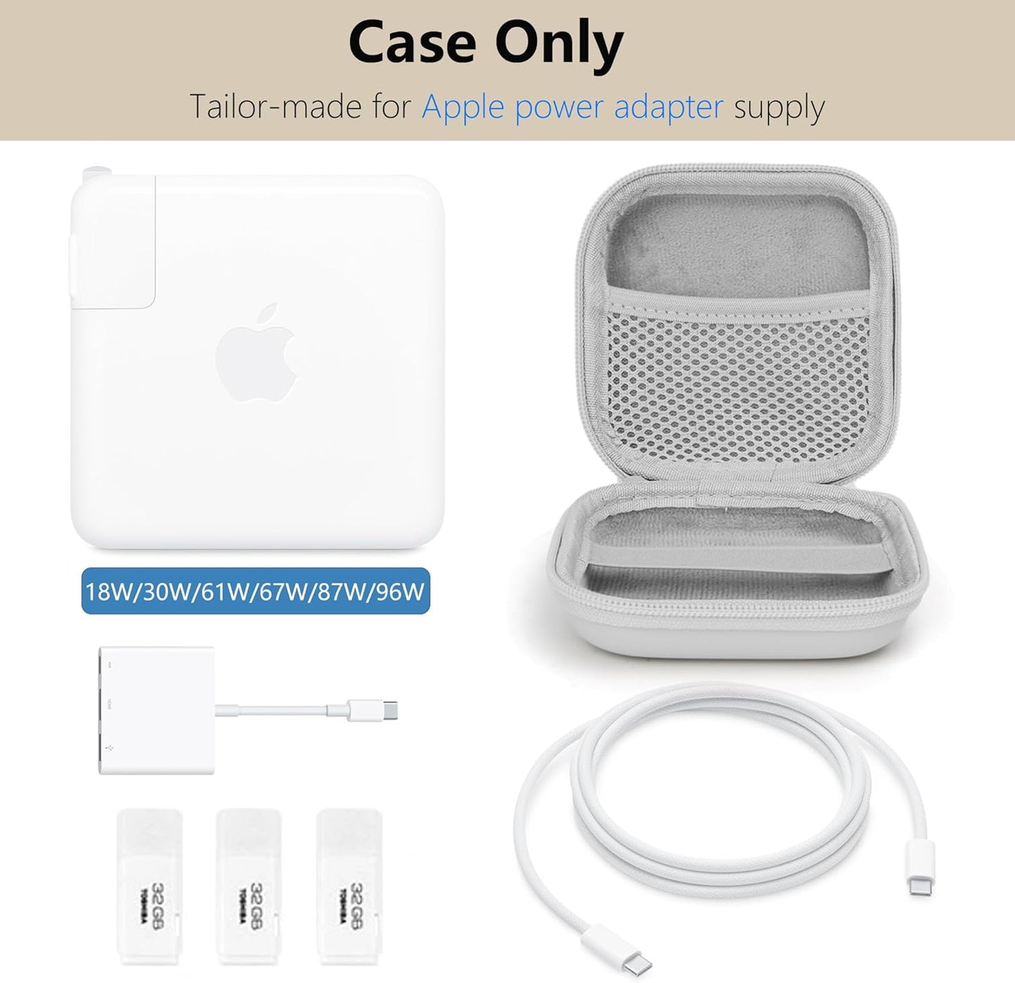 Charger Case for Macbook, Portable Tech Electronic Organizer Bag, Travel Storage Pouch for Laptop Accessories, MacBook Power Adapter, Charging Cords, USB Drives, Power Bank (Grey PU, M)