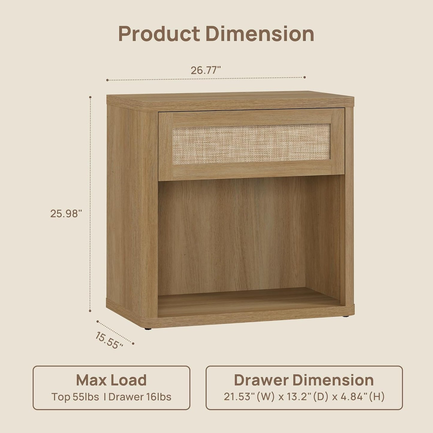 SICOTAS Night Stand 26" Wide Large Nightstands with Drawer & Shelf Storage Rattan Bedside Table Boho End Table Tall Bed Side Tables Night Stands for Bedroom Living Room Sofa Office Dorm, Amber Oak