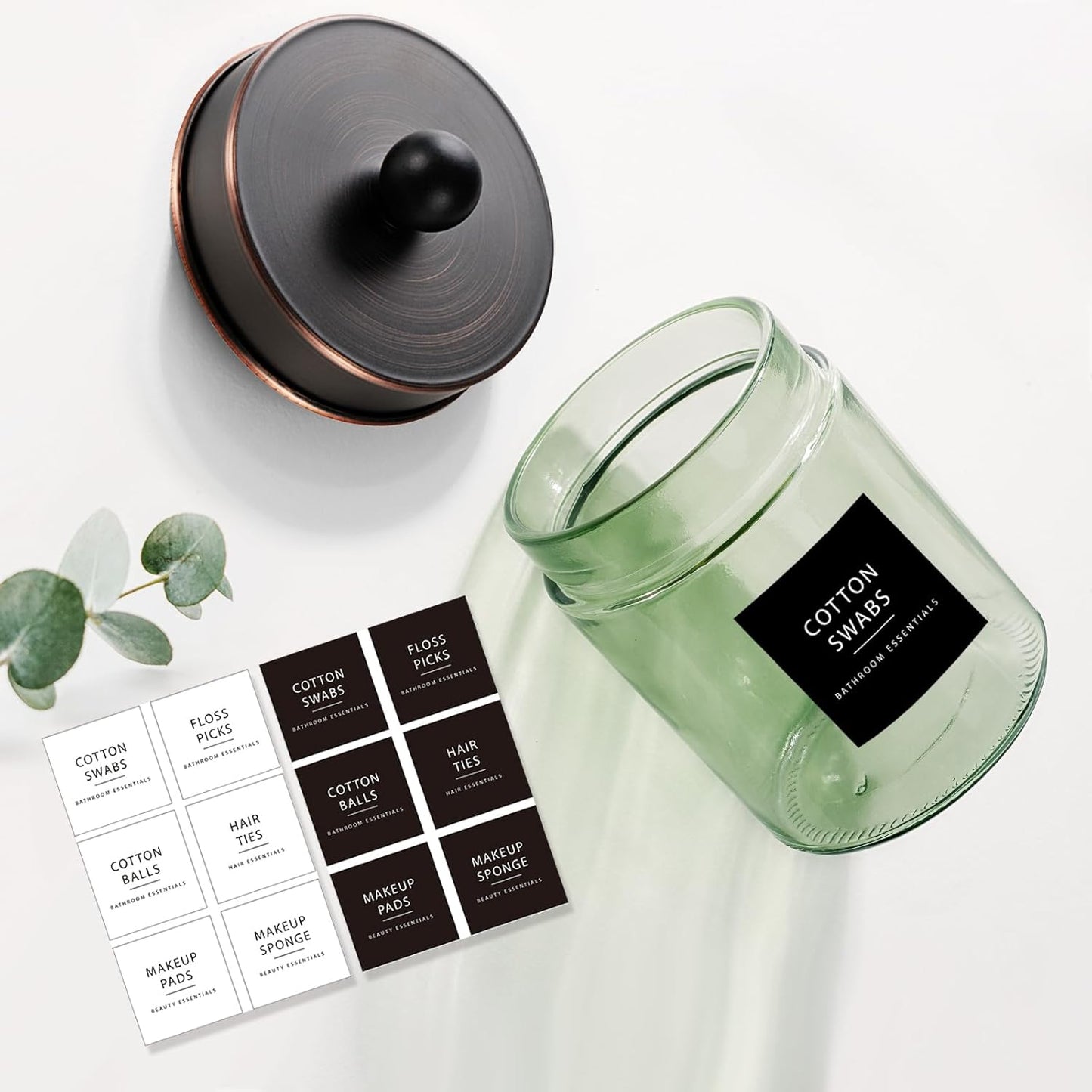 Amolliar Sage Green Qtip Holder, Glass Apothecary Jar Metal Lid & Stickers, Bathroom Qtip Holder Storage Canister, Farmhouse Decor for Cotton Balls, Swabs, Makeup Pads, Bath Salt, Floss, ORB 4 Pack