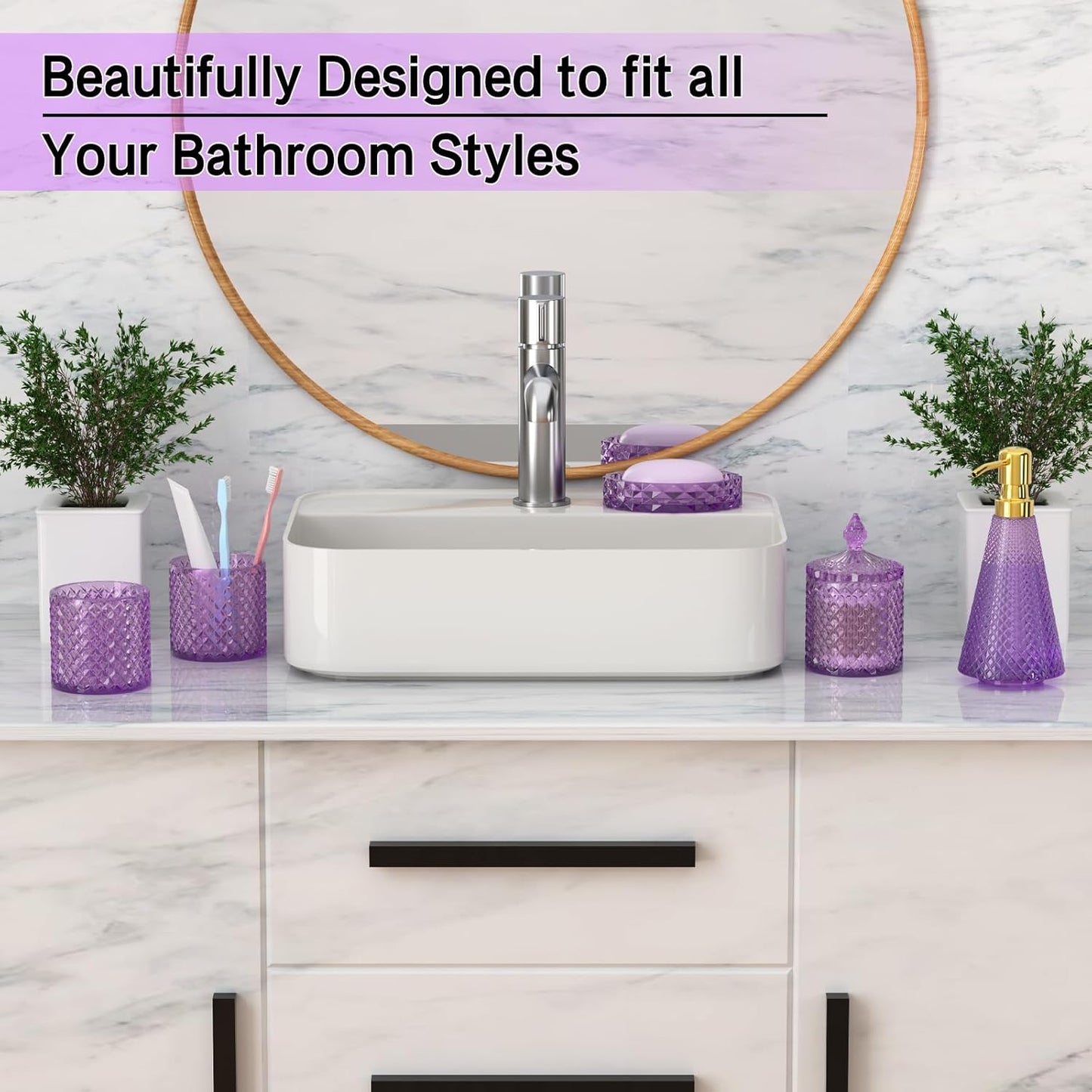 Purple Glass Bathroom Accessories Set 5 Pcs, Purple Bathroom Set, Soap Dispenser and Toothbrush Holder Set, Qtip Holder Set, Vintage Bathroom Sink Set, Cute Bathroom Decor