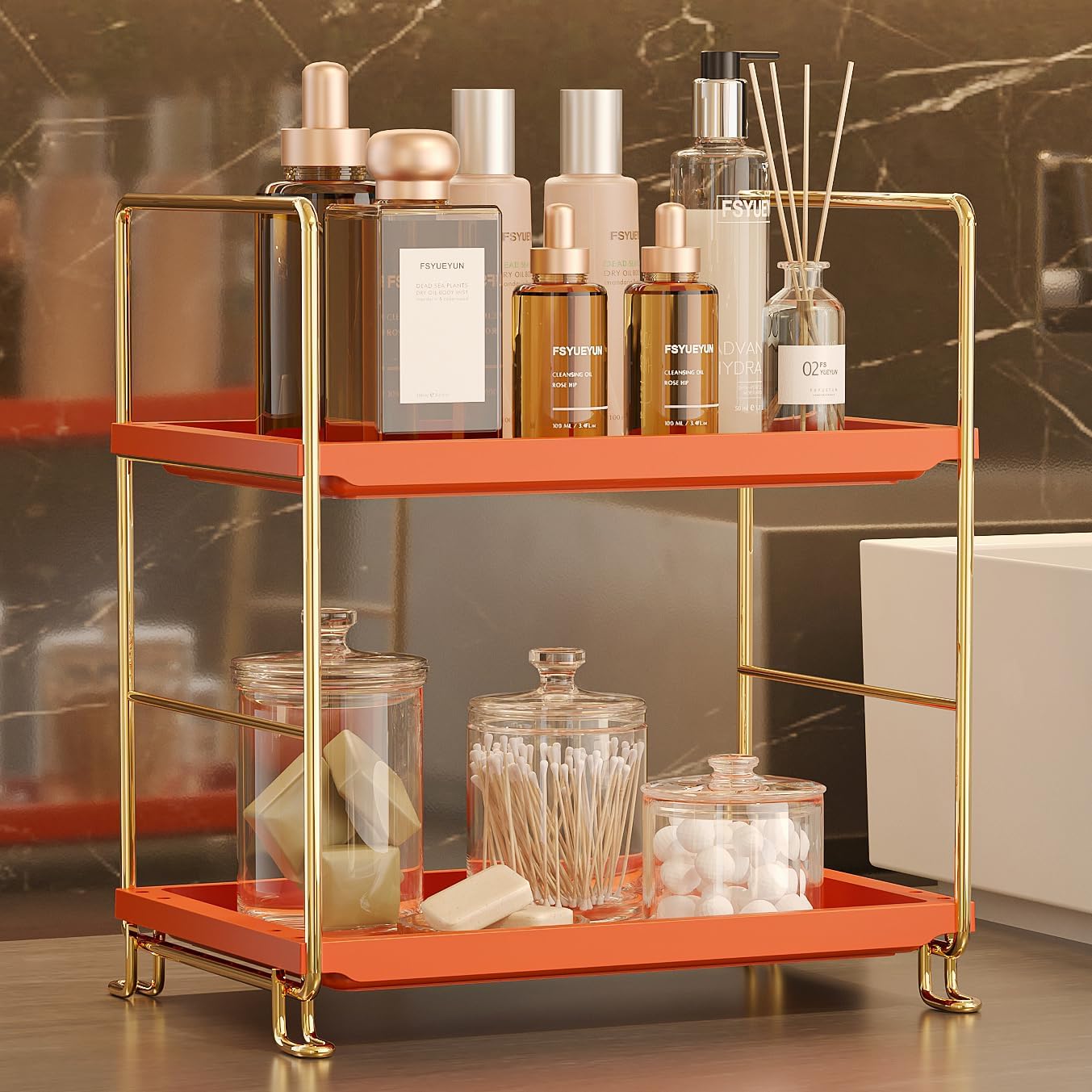 FSyueyun 2-Tier Bathroom Countertop Organizer,Bathroom Organizers and Storage with Tool-Less Installation, Premium Plastics for Makeup, Perfume, Skincare on Dresser Vanity Tray(Gold & Orange)